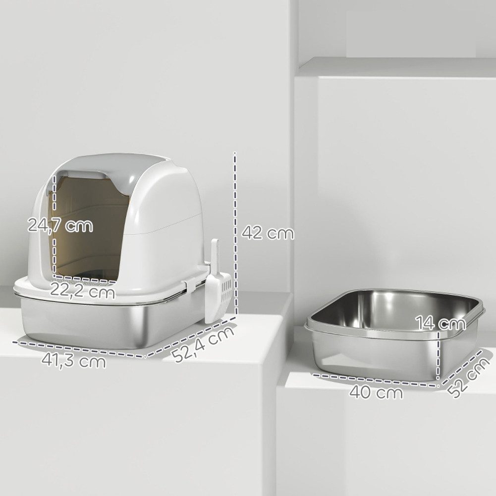 FANNOU Katzentoilette für Katze unter 5kg, 52,4 x 41,3 x 42 cm, Katzenklo Edelstahl mit Deckel, Wanne, Streuschaufel