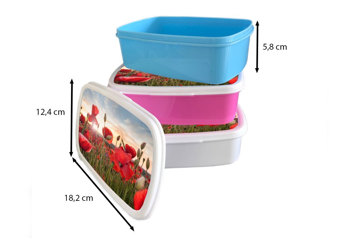 Jungs Kinder Mädchen Kunststoff, Brotbox Brotdose, und MuchoWow Mohnblumen, weiß Sonnenuntergang für hinter Erwachsene, für schönen Lunchbox (2-tlg), den und