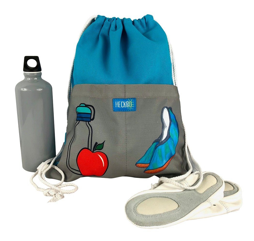 HECKBO Turnbeutel Turnbeutel mit 2 praktischen Taschen türkis/grau, Gymsack, Rucksack, Sportbeutel, Beutel, Schuhbeutel, Tasche, Hipster, Mädchen, Jungen, Jungs, Erwachsene, Kinder - für Alltag, Reise, Sport