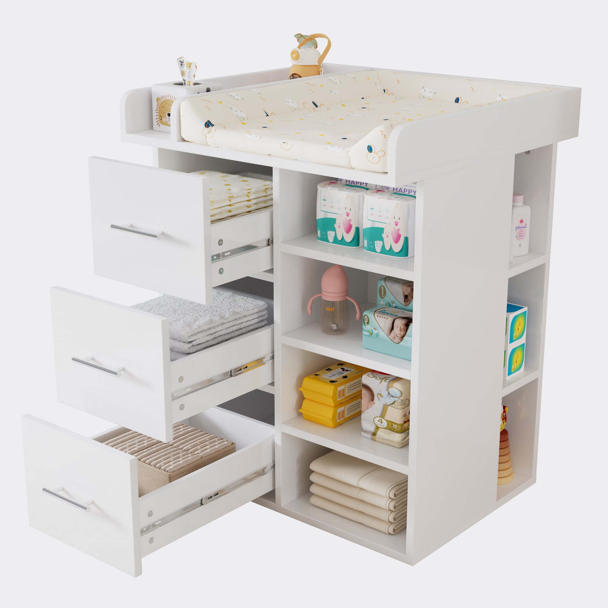 Wickelkommode Wickelkommode Weiß mit 3 Schubladen – 80×75×100 cm