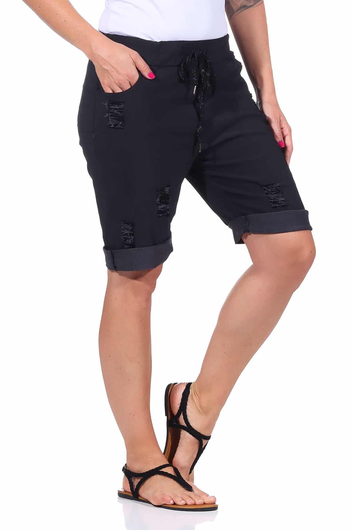 OriginalYou Bermudas Damen Bermuda kurze Sommer Hose im Distressed Look Knitterlook, mit Gummibund & Kordelzug, 38/40 bis 44/46 erhältlich