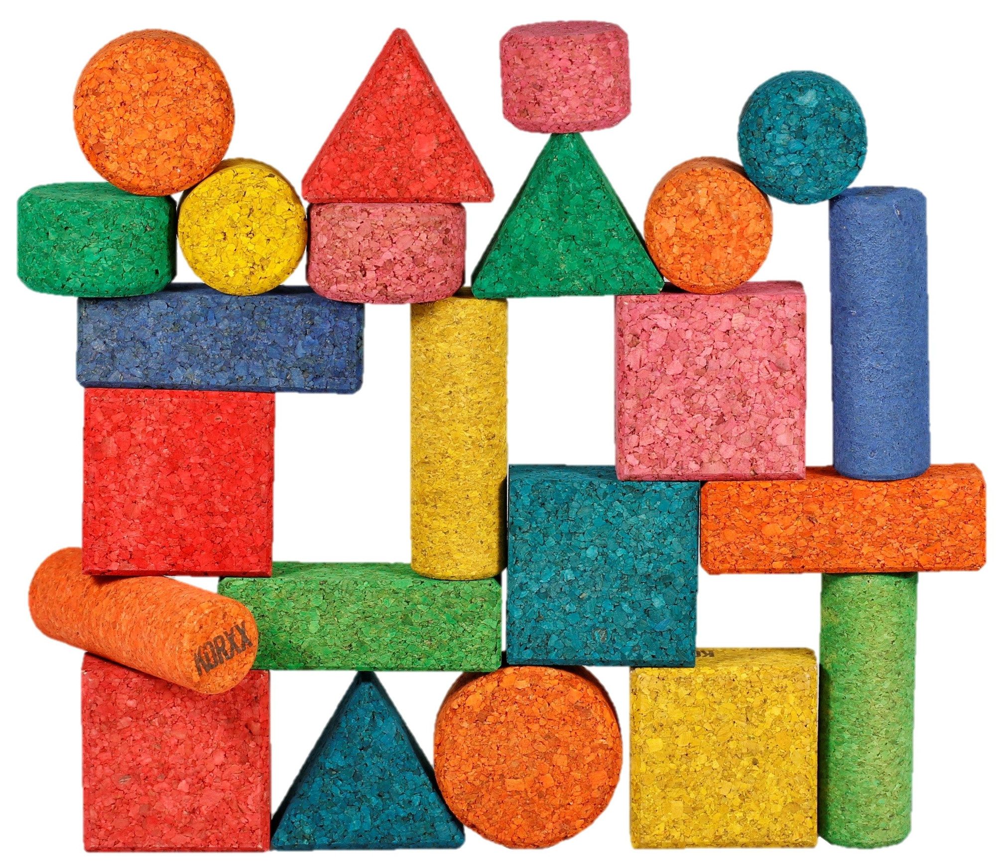 KORXX für Kinder ab 1 Jahr, Bausteine (leise, leicht, stabil, anti-allergen) Spielbausteine, (Bauklötze aus Kork im Set in 28 Farben & verschiedenenFormen, wurfsicher & steril, Form Mix Color-Set Beutel), Spielbauklotz zum kreativen Lernen & Verbessern der Motorik