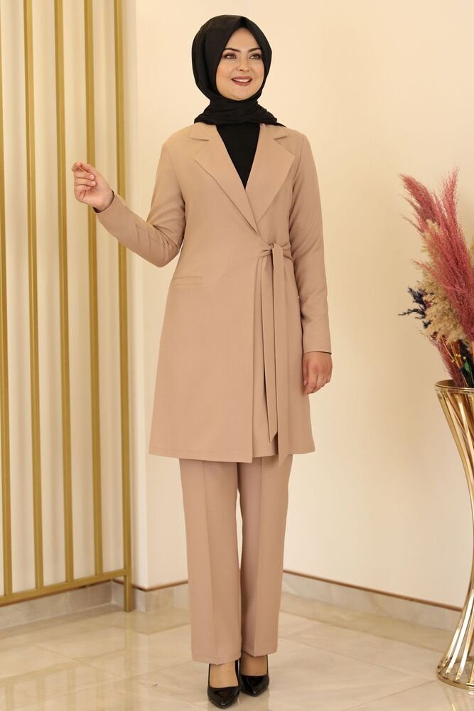 Anzug Damen Anzug Fashion Beige Modest Set) Modavitrini Dress Anzug Tunika Anzug (2teilig, Hijab Zweiteiler