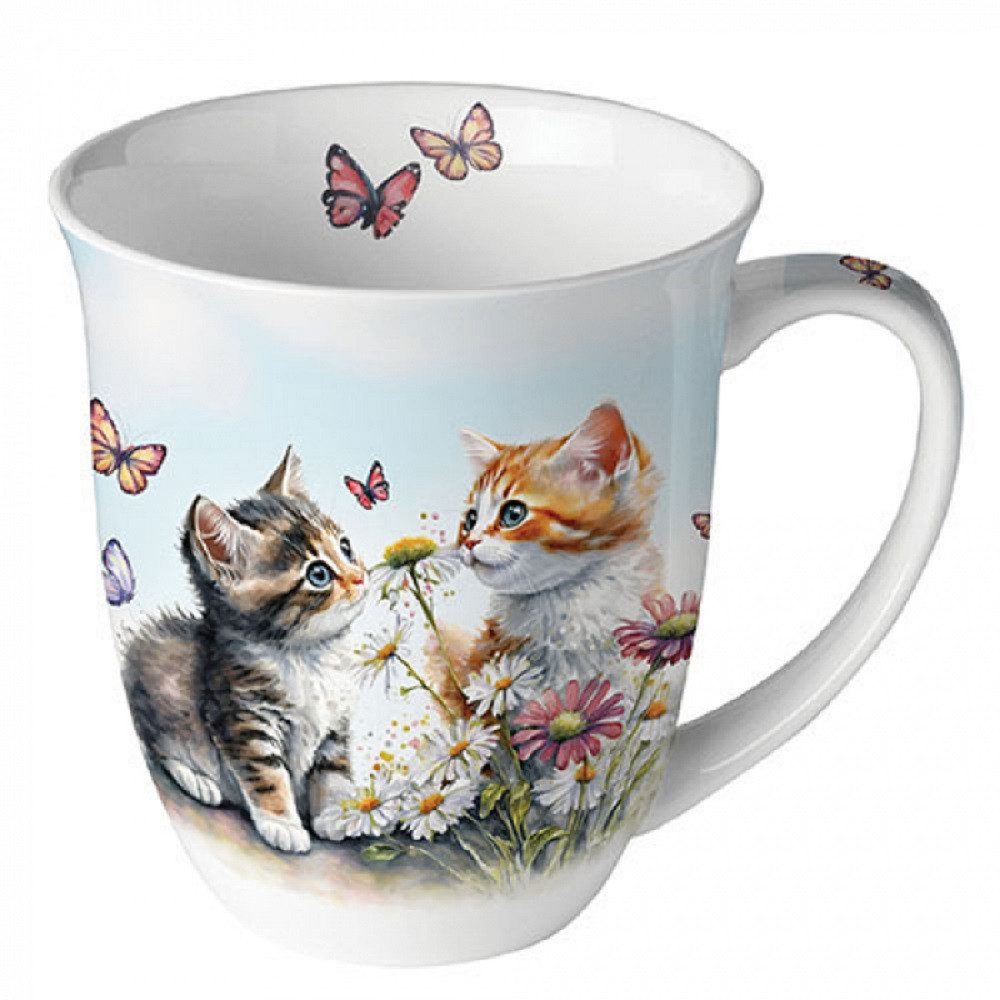 Ambiente Luxury Paper Products Becher Porzellan, Kätzchen, Garten, Katze, Katzen Kollektion, 1-tlg., Porzallan Mug 0,4 L Kätzchen im Blumenfeldtasse, Blumen - Pflanzen, Tiere Motiv, Blumen, Pflanzen, Tiere. ideal als Geschenk