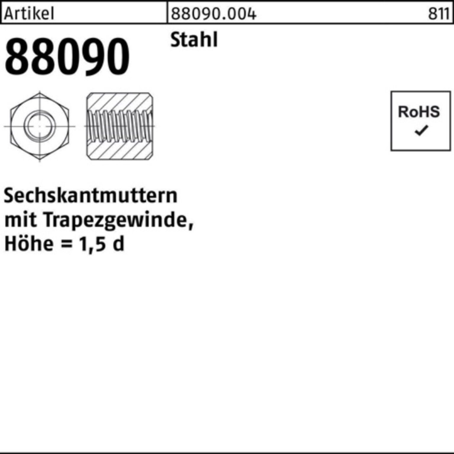 Muttern Trapezgewinde Stahl TR30x6-SW46x45 88090 R Pack Reyher Sechskantmutter 100er
