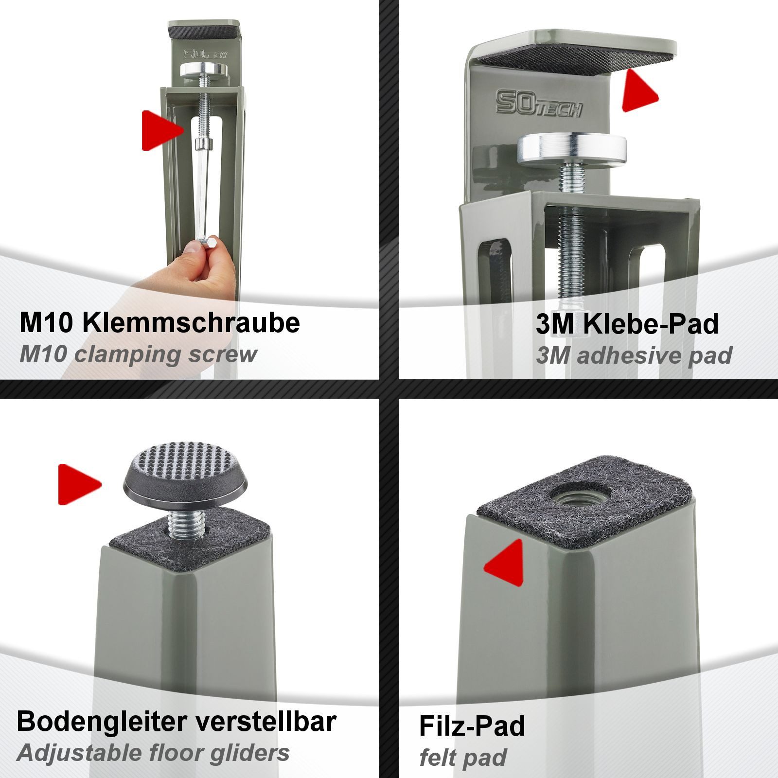 SO-TECH® Tischbein ColorLine in F-Form konisch zulaufend von 70 auf 40 mm, mit Klemmschraube (ohne Bohren) - grau - Höhe 464 mm - 1x