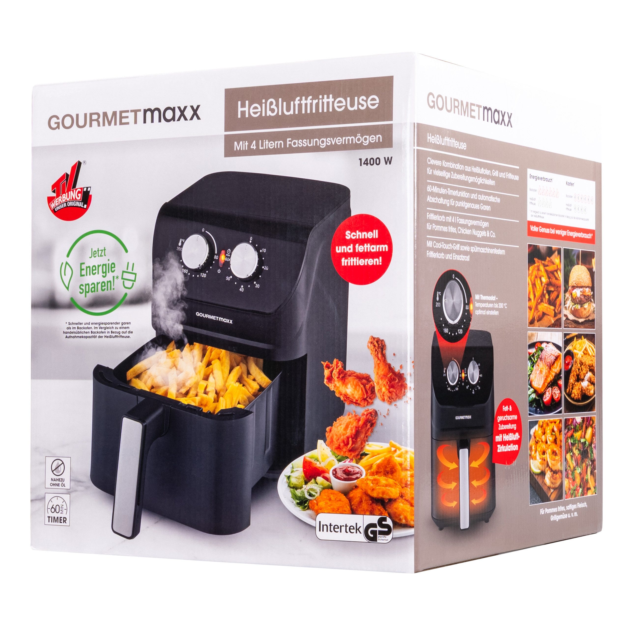 GOURMETmaxx Heißluftfritteuse, 1400 W, stufenlos einstellbarer Thermostat, praktisches Vorheizen & Warmhalten