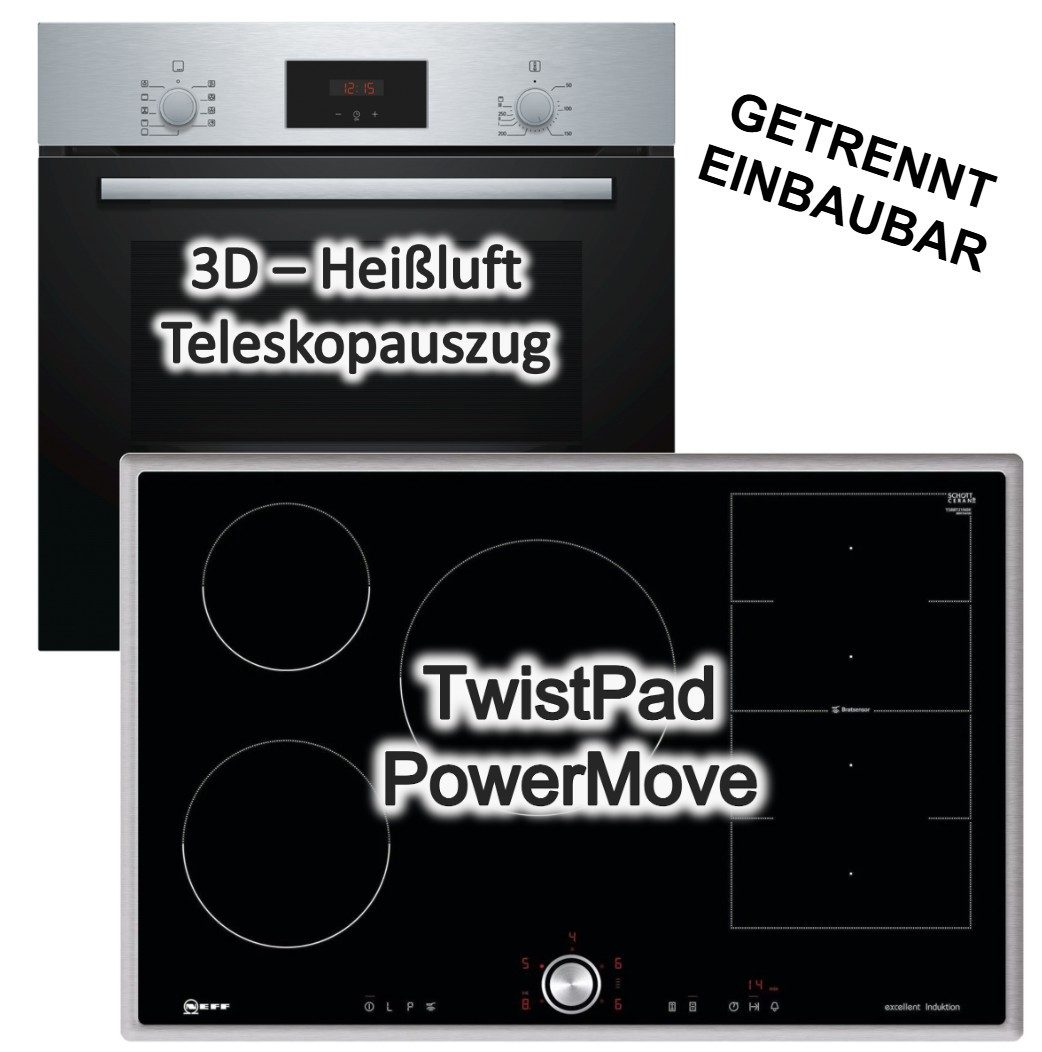 BOSCH Backofen-Set Backofen 3D-Heißluft + Neff Flex-Induktionskochfeld 80cm TwistPad® 