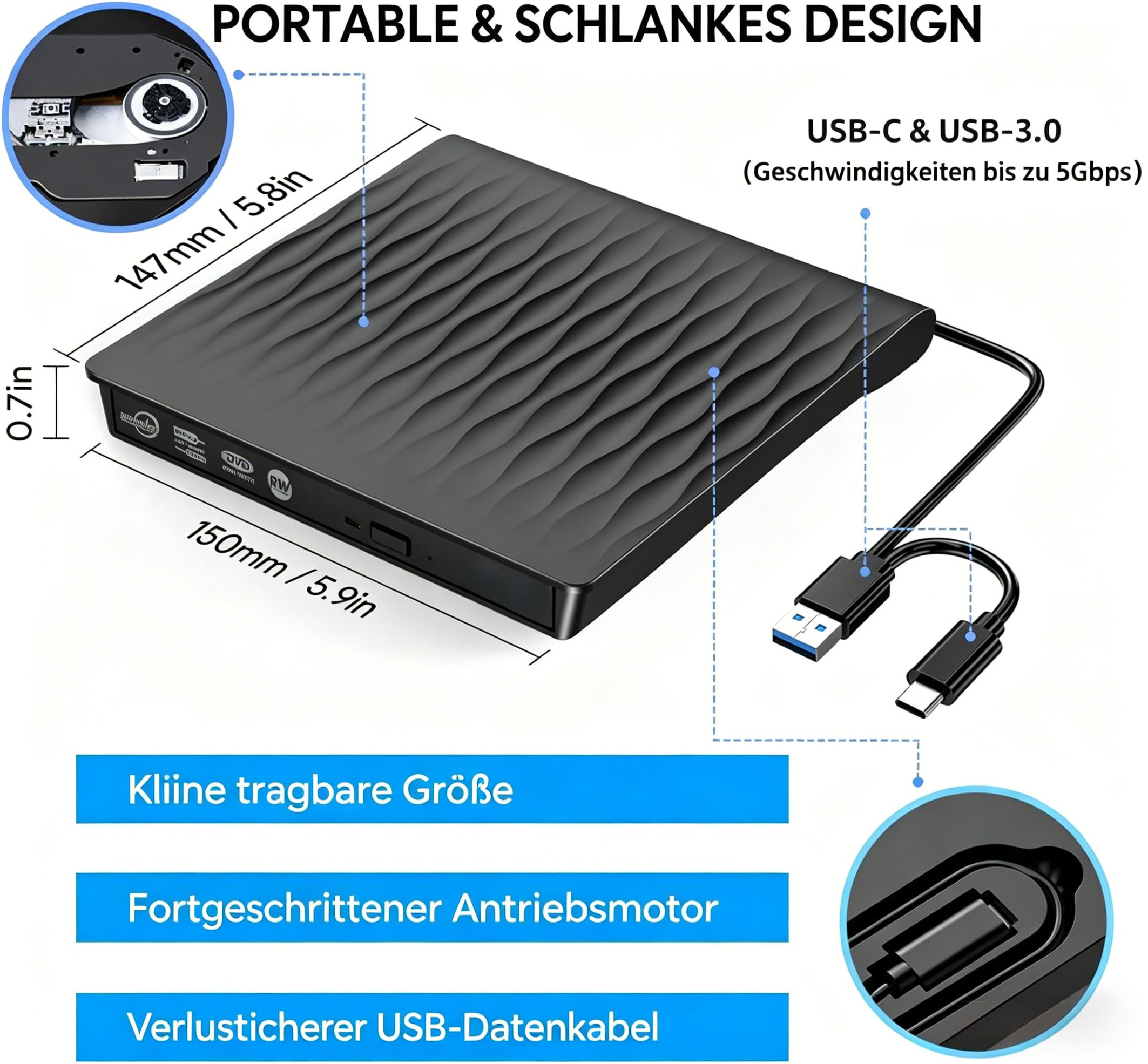 ibettertec Externes CD/DVD-Laufwerk,USB 3.0 & Type-C,DVD Player für Laptop & PC DVD-Brenner (Kompatibel mit Windows 7/8/10/11, Mac, MacBook Pro/Air und Linux)