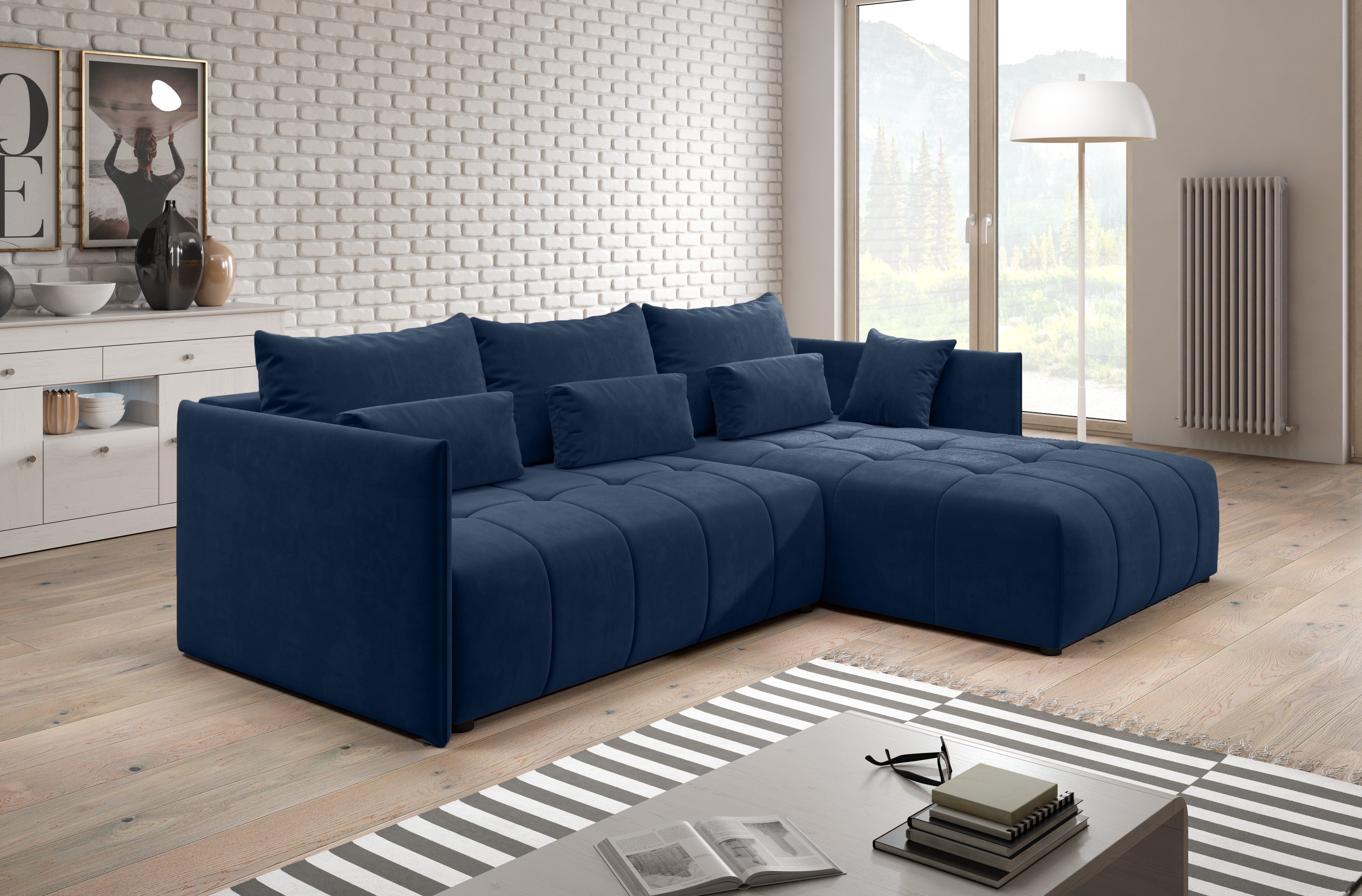 Furnix Ecksofa YALTA Schlafsofa Couch ausziehbar mit Bettkasten und Kissen, Made in Europe Blau MH 77