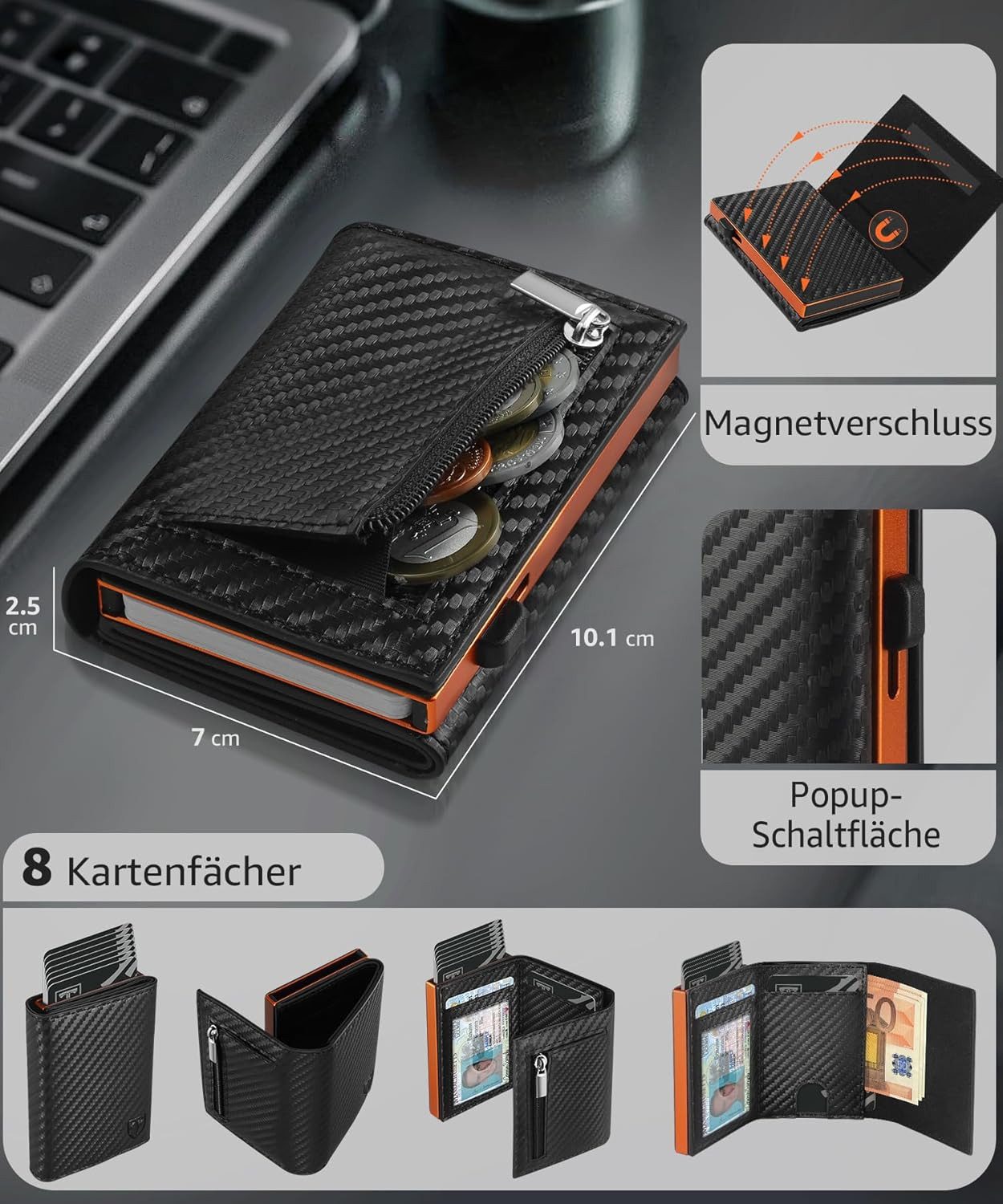 TEEHON Geldbörse Magnetischer Slim Wallet mit Münzfach&RFID Schutz&ID-Fenster (Leder Portmonee Geldbeutel kartenetui für Karten), kreditkartenetui Herren Klein - Kartenhalter Schwarz
