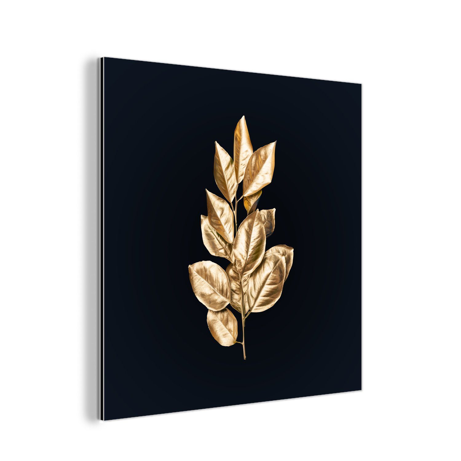 - Alu-Dibond-Druck, Metallbild deko Blätter - Gemälde aus MuchoWow - Gold Luxus, St), Metall, Pflanze Aluminium Schwarz - (1