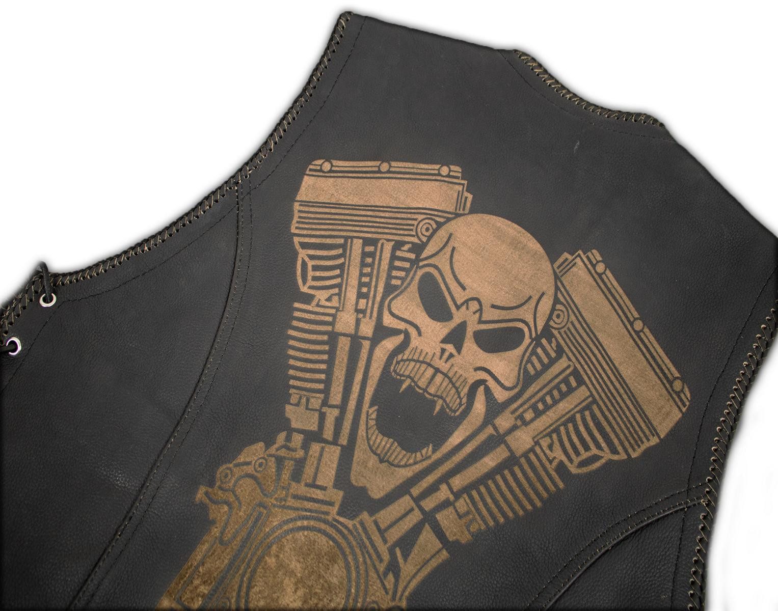 MDM Lederweste Biker Lederweste mir einer Totenkopf Laser Gravur