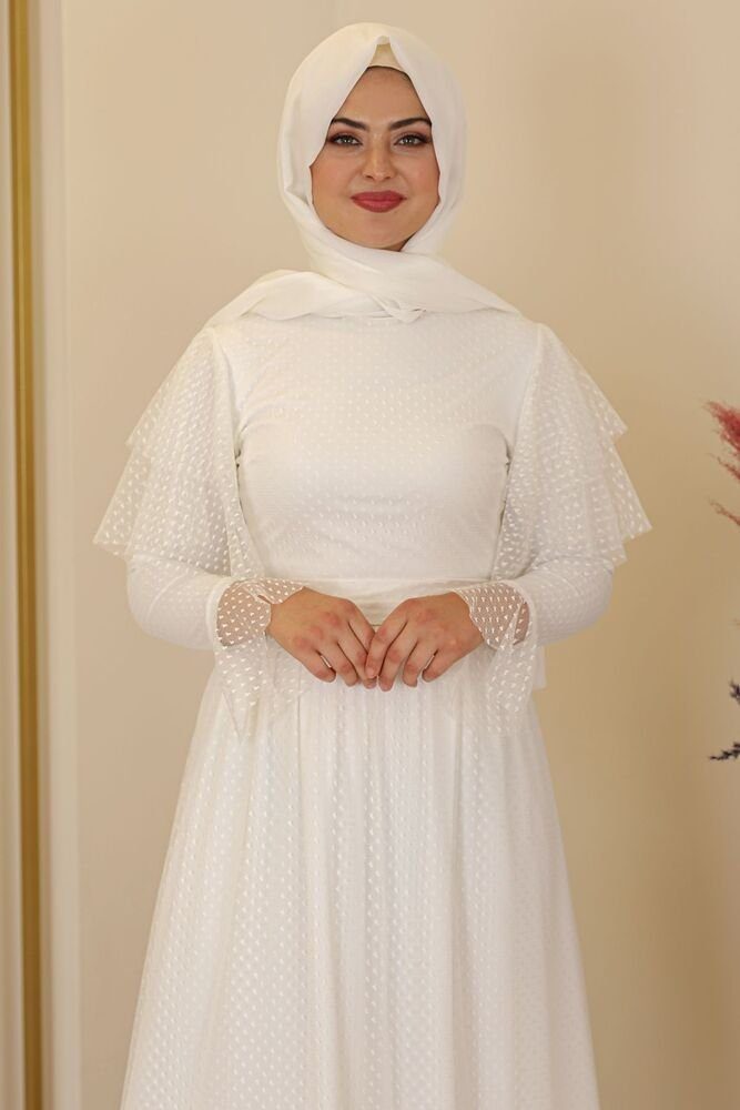 Modavitrini Tüllkleid aus Abaya gepunktetem Tüll Abiye Ecru-Weiß Abendkleid Kleid Hijab