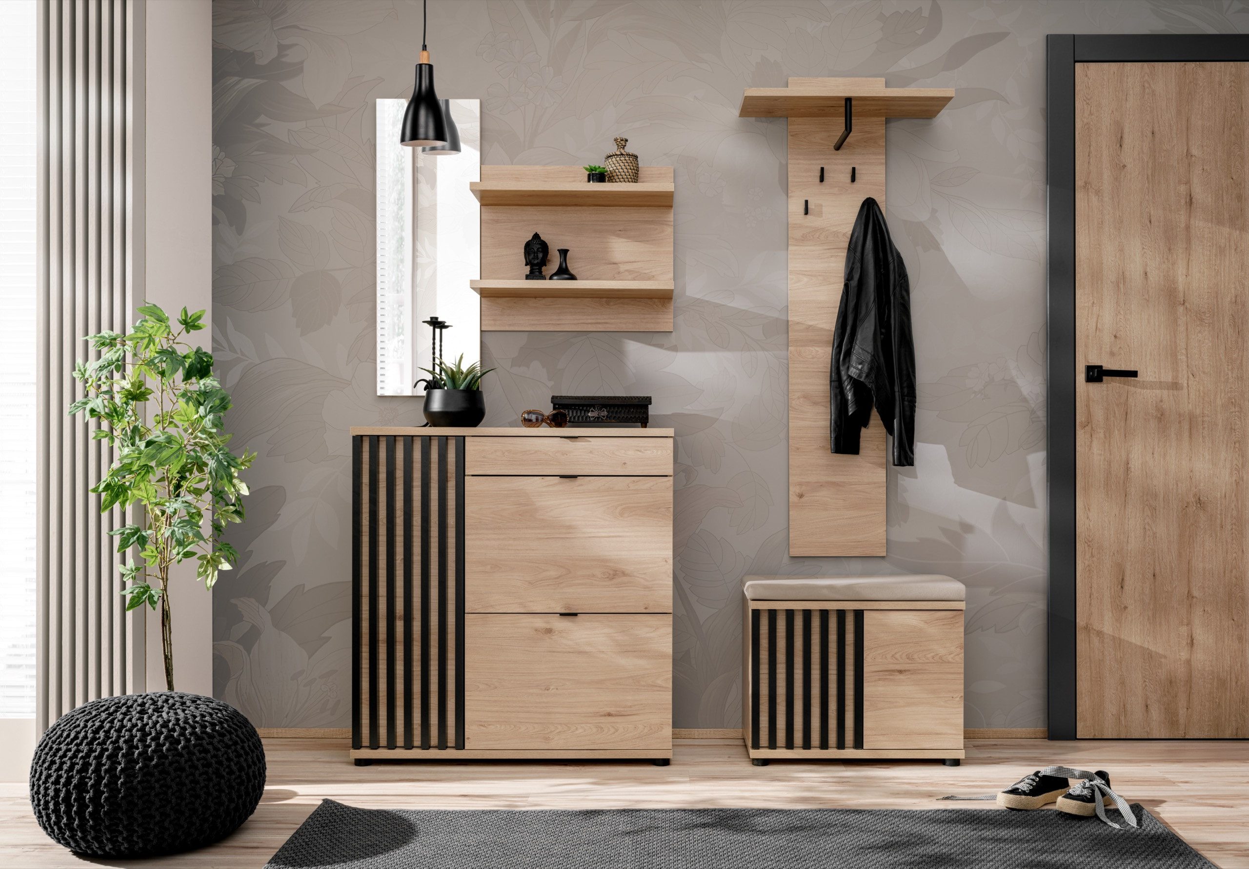 Garderoben-Set Flurgarderobe PEDRO I mit Lamellen Spiegel und Sitzbank