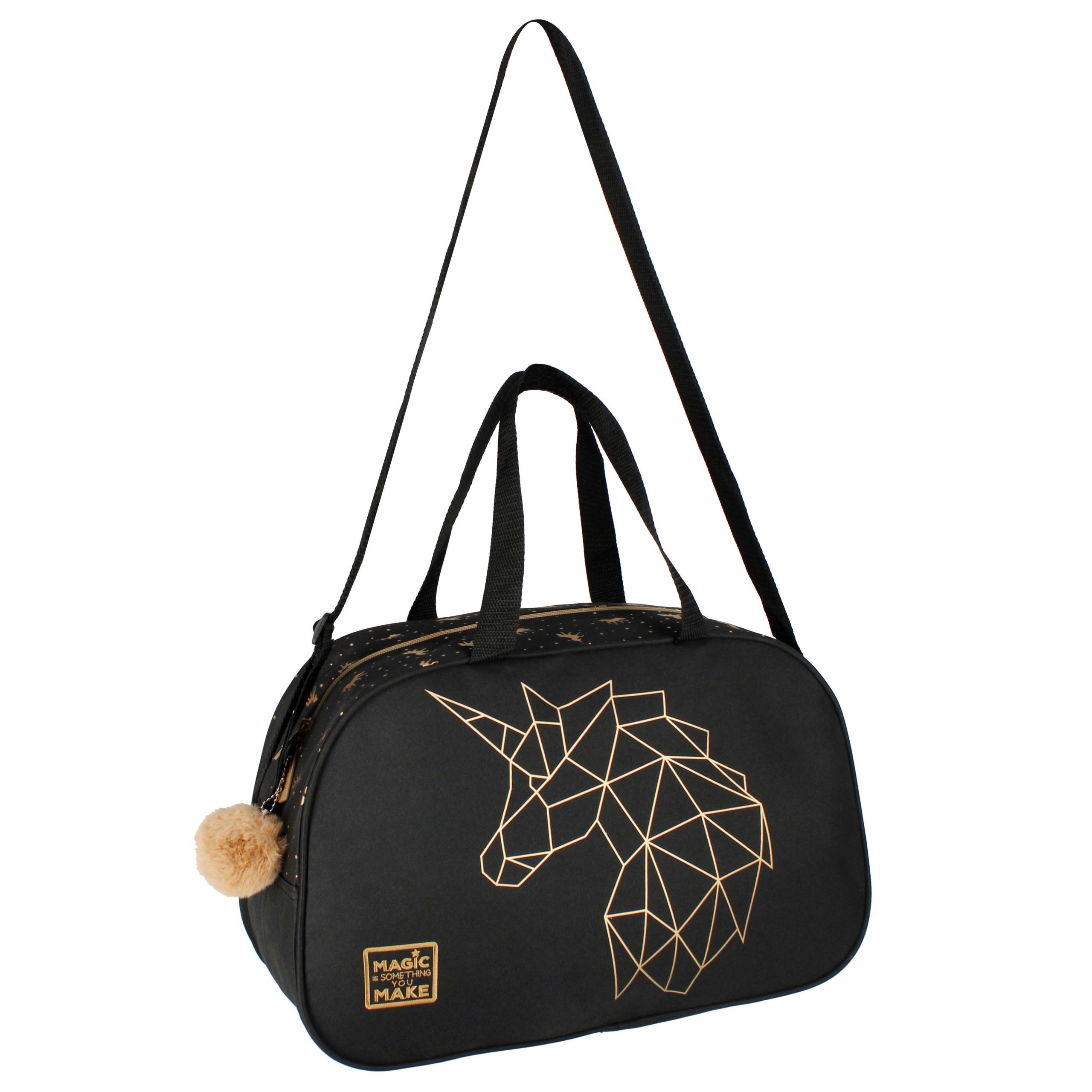 Starpak Sporttasche Schwarze, geräumige Sporttasche für Mädchen mit goldenem Einhornmotiv.