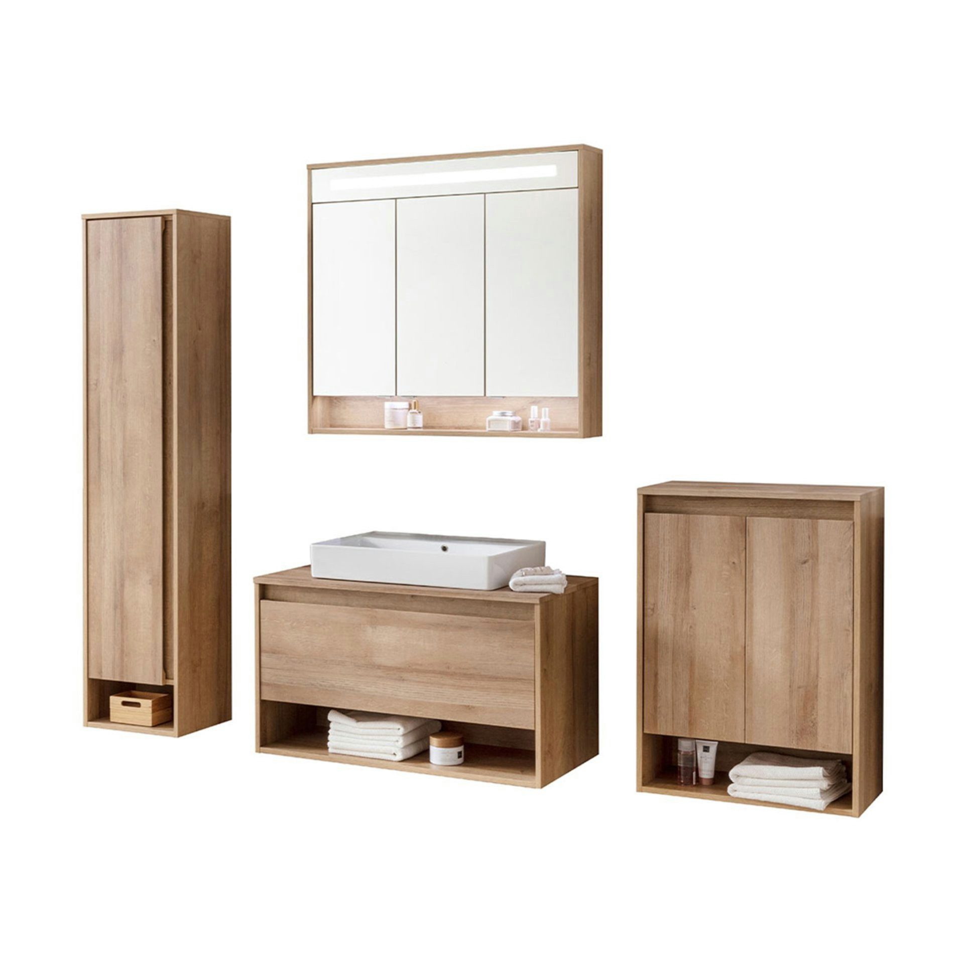 FACKELMANN Badmöbel-Set NATURA 94 cm, Braun hell+Spiegelschrank+Midischrank+Hochschrank