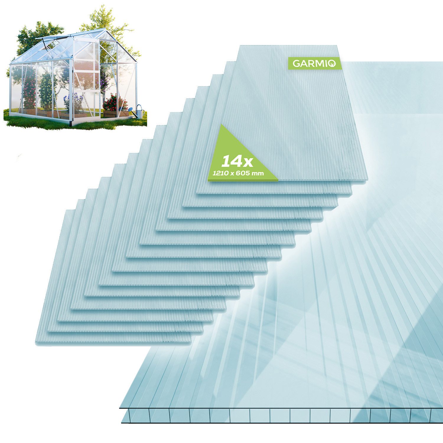 GARMIO Gewächshaus Hohlkammerstegplatten ACRI 4mm, Ersatz Gewächshausplatten 10,25m, Set aus 14 Platten, Polycarbonat transparent, UV-beständig