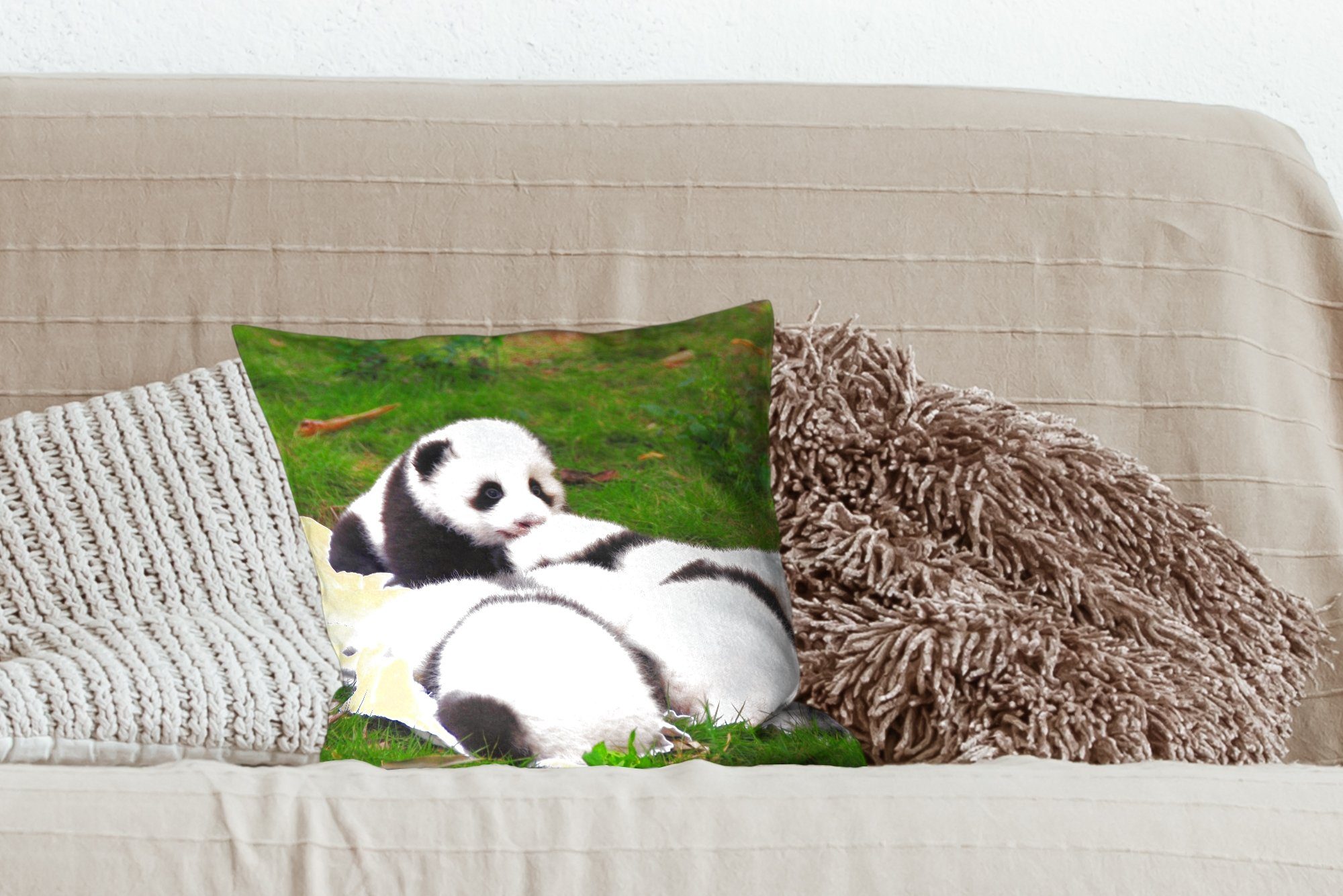Zierkissen Deko, Schlafzimmer, für Füllung Pandas Dekokissen Sofakissen - Gras Wohzimmer, - mit Decke, MuchoWow