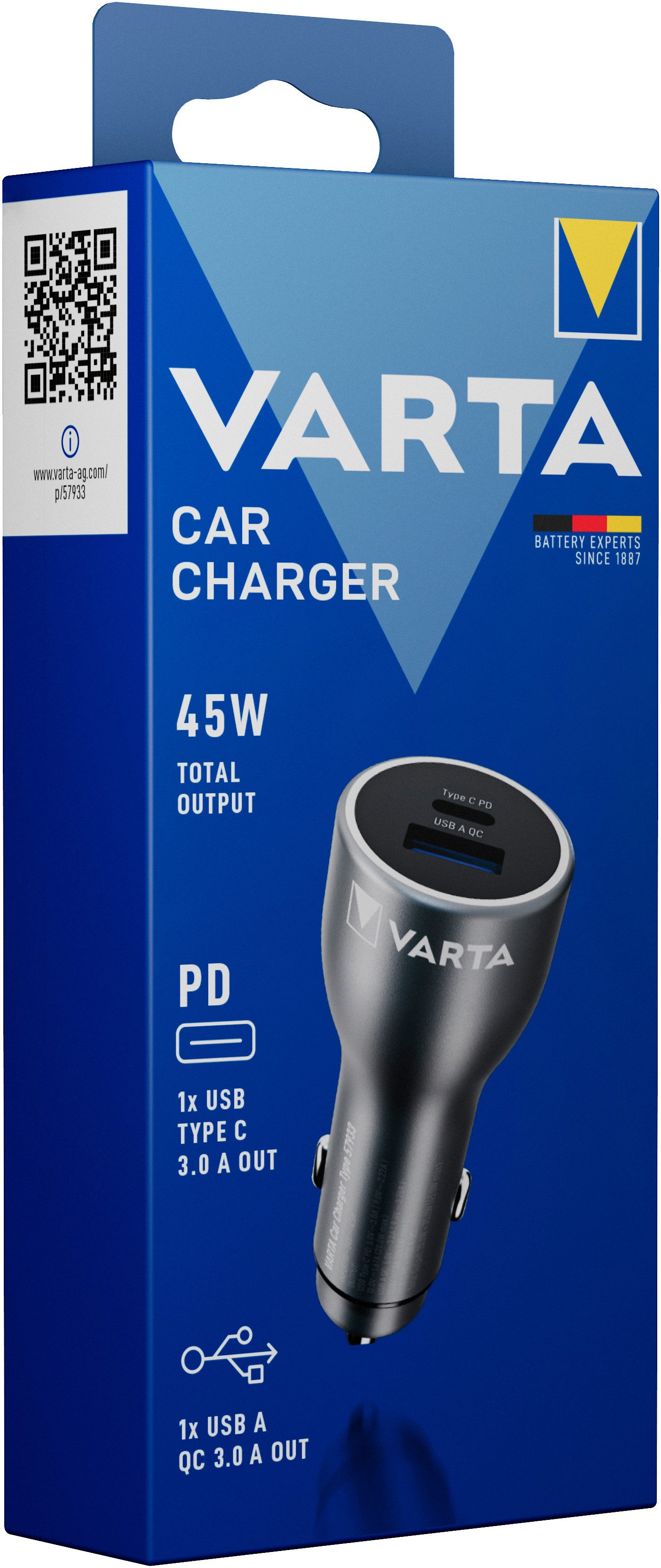 VARTA 45 Watt Output 1x USB-A / 1x USB-C PD Autobatterie-Ladegerät von Varta