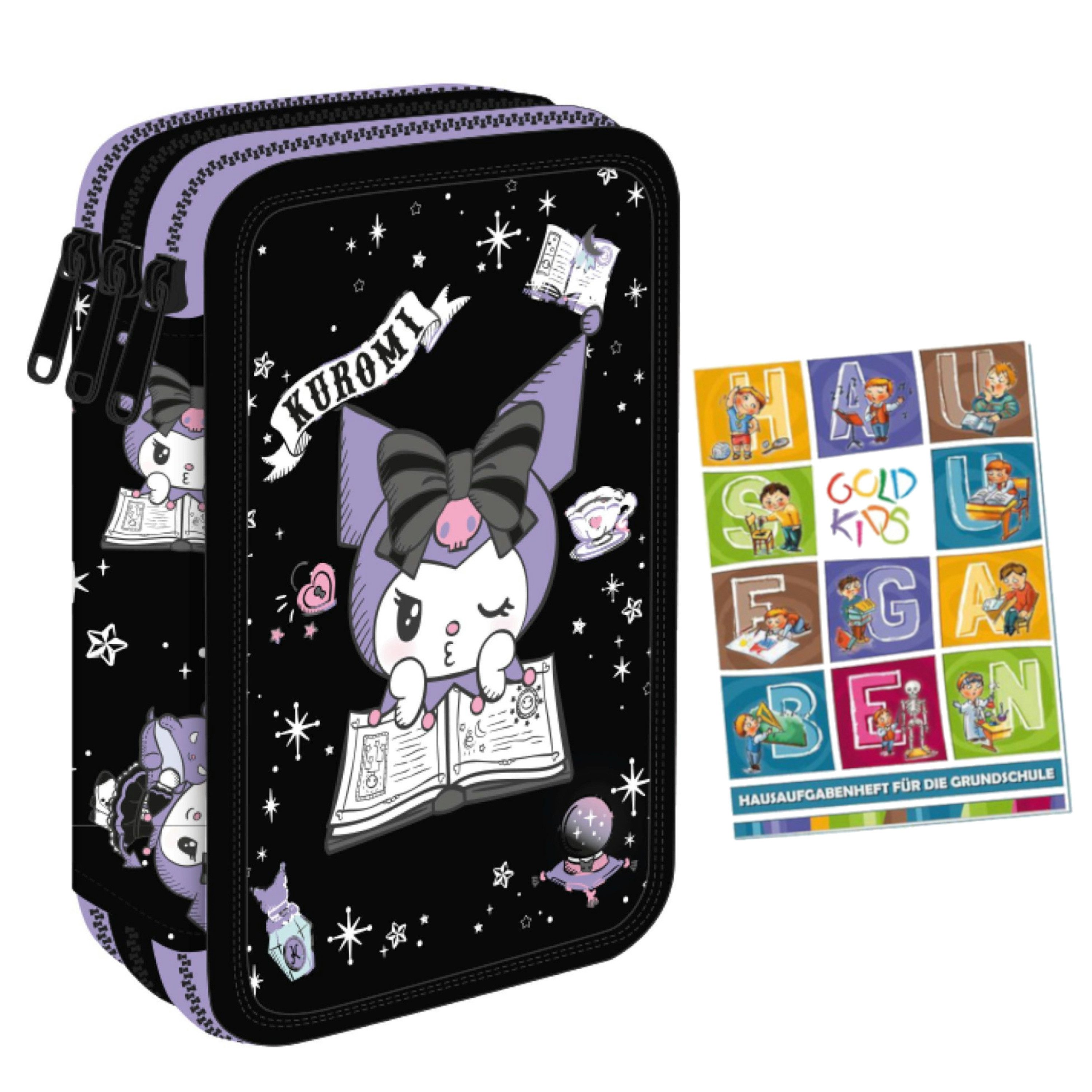 GOLDKIDS Federmäppchen 3 Fächer - Mäppchen für Mädchen und Jungen -, (Federmappe 3-Fach Federtasche, 1-tlg., Gefüllte Schüleretui Schulmäppchen und Hausaufgabenheft), - Kuromi