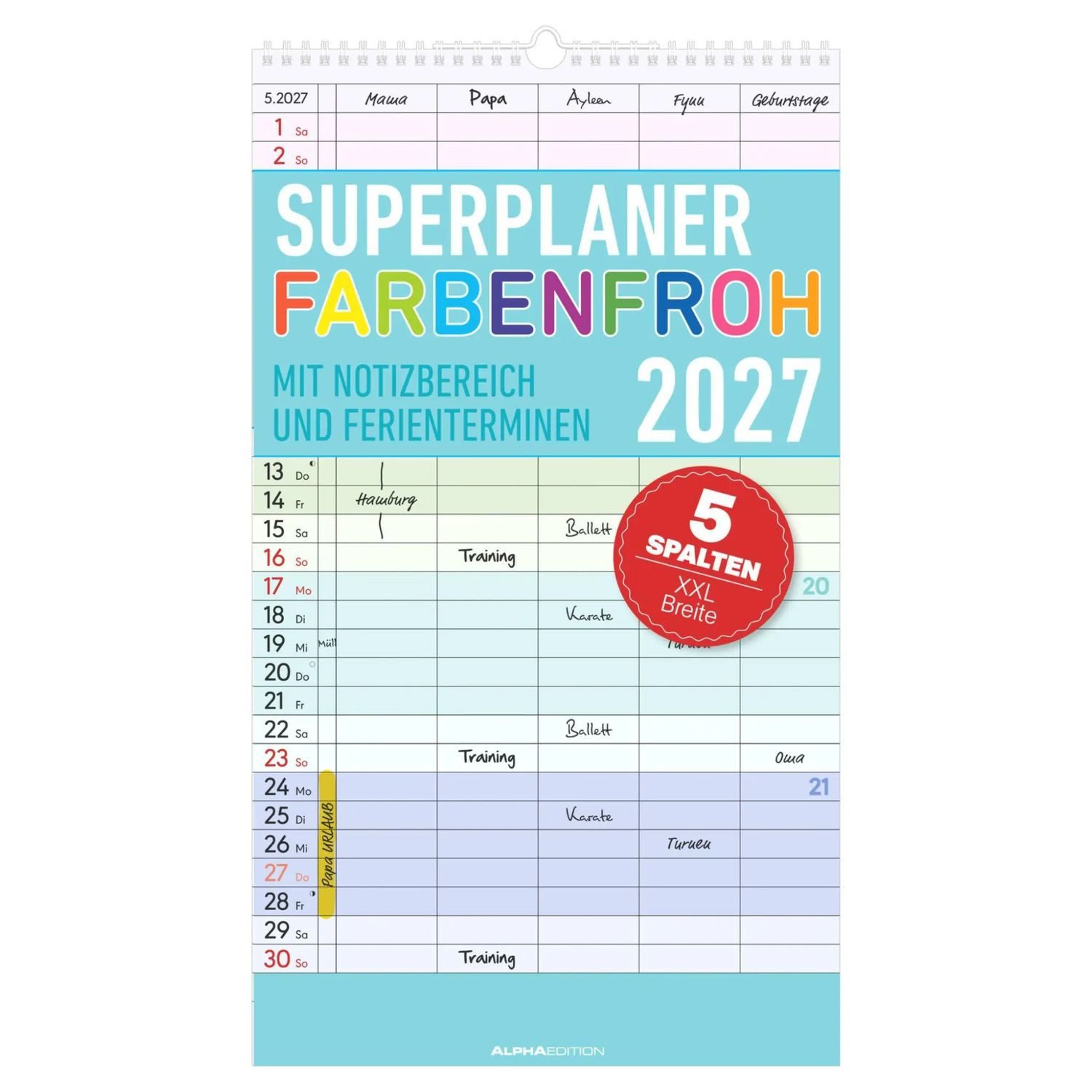 Wandkalender Superplaner Farbenfroh - 5 Spalten 2027