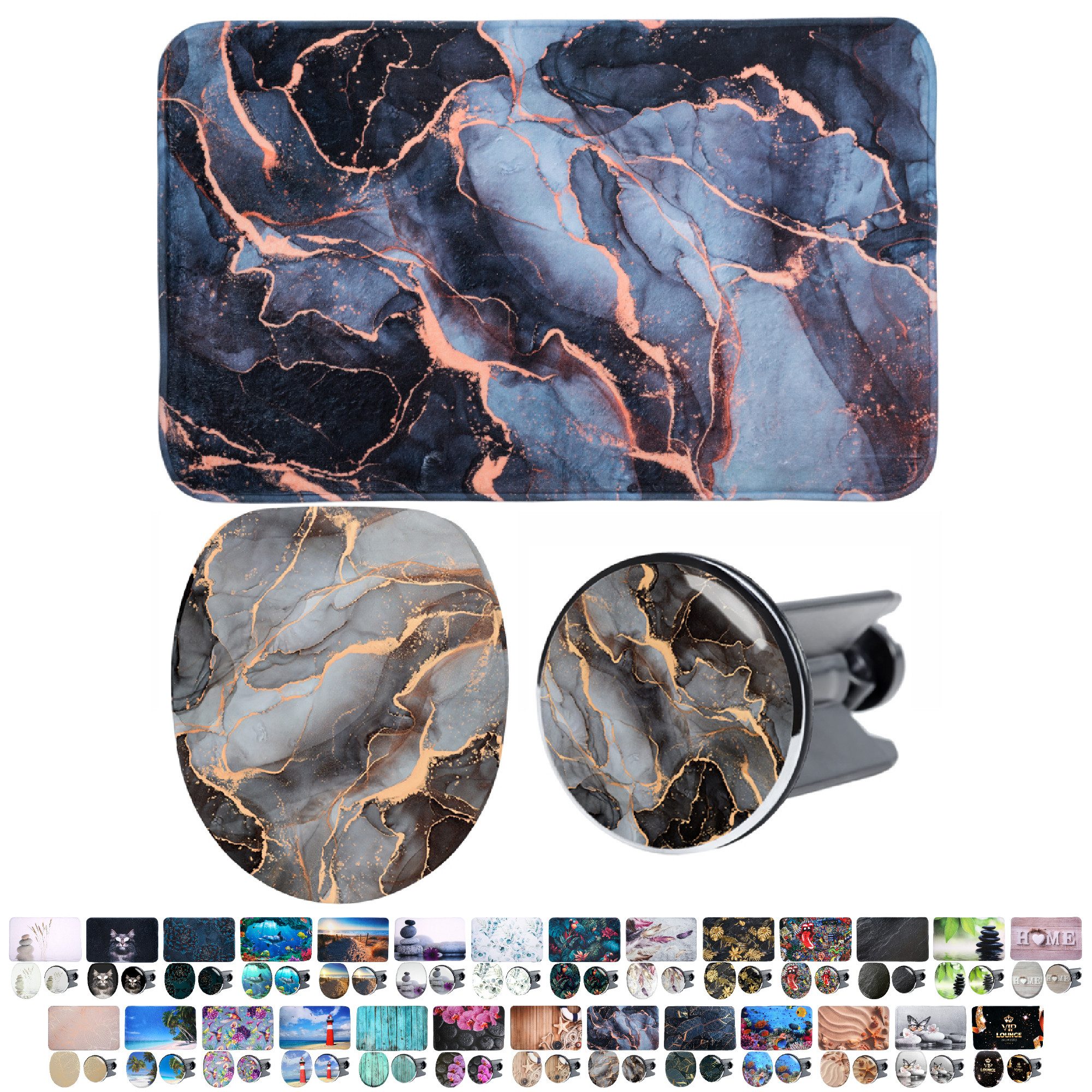 Sanilo Badaccessoire-Set 3-teilig mit Motiv, viele schöne Sets zur Auswahl, WC-Sitz mit Absenkautomatik, Badteppich 70 x 110 cm, Waschbeckenstöpsel, 3 tlg., 3-teilig, hochwertig & modern, universell, leichte Montage