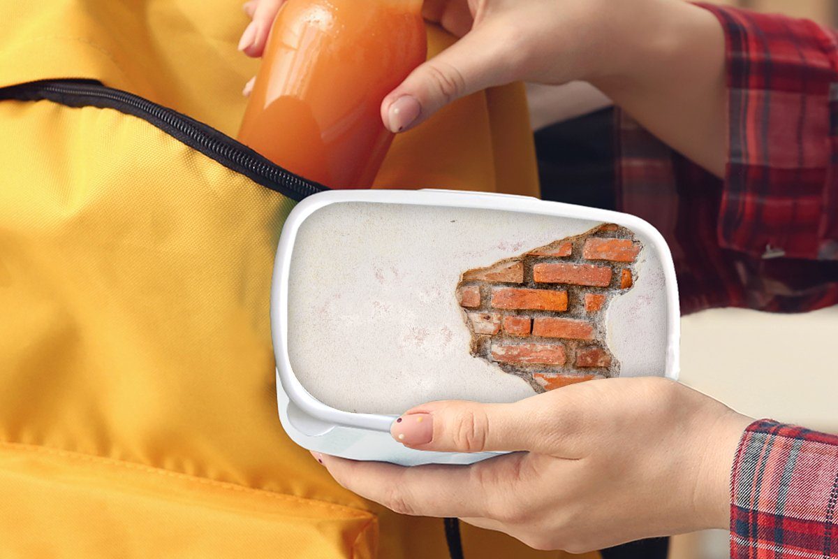 MuchoWow Lunchbox Gips - und Kinder braun, und (2-tlg), Wand weiß Kunststoff, für Mädchen - Jungs - Erwachsene, Brotbox Ziegel für Brotdose