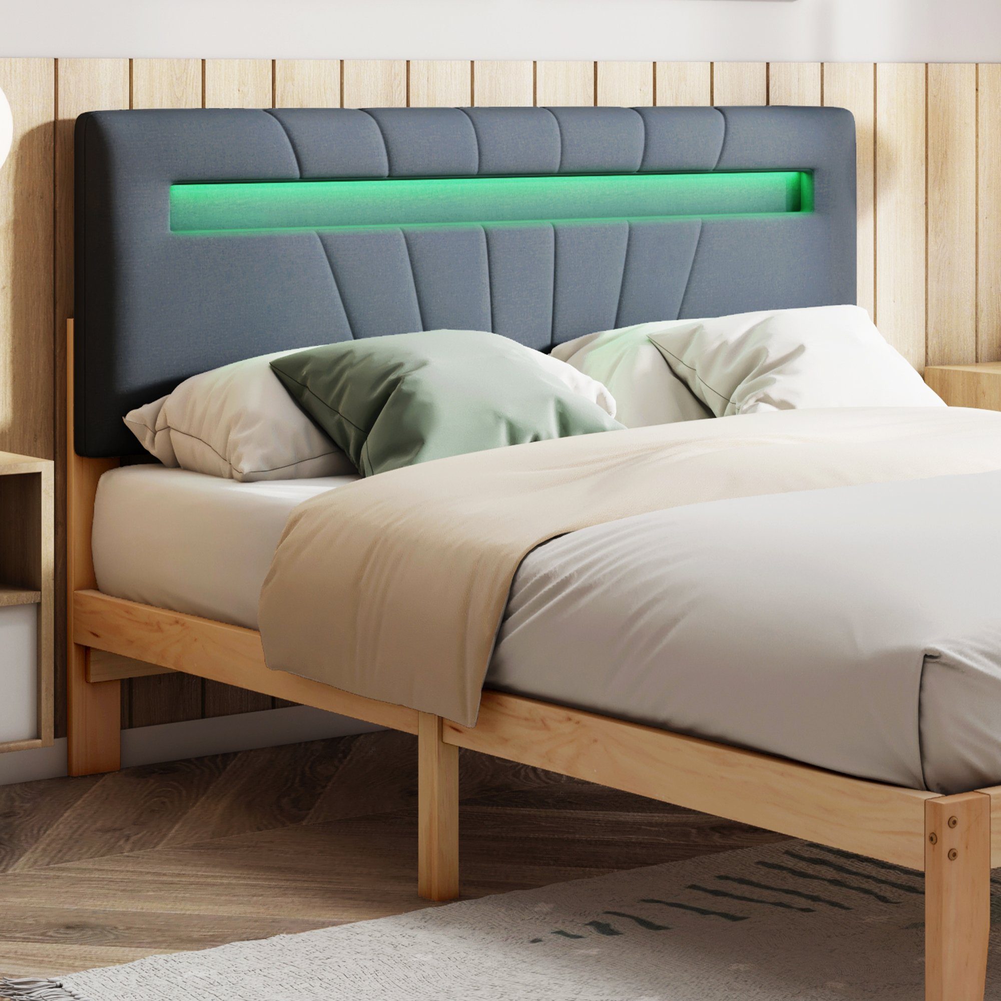 mit 140x200 SPLOE Bettrahmen mit Massivholz Matratze, Natur Holzbett Polsterbett LED-Lichtleiste Bettrahmen grauem Holzbett cm) Kopfteil Doppelbett Kinderbett (aus Mit HAUSS