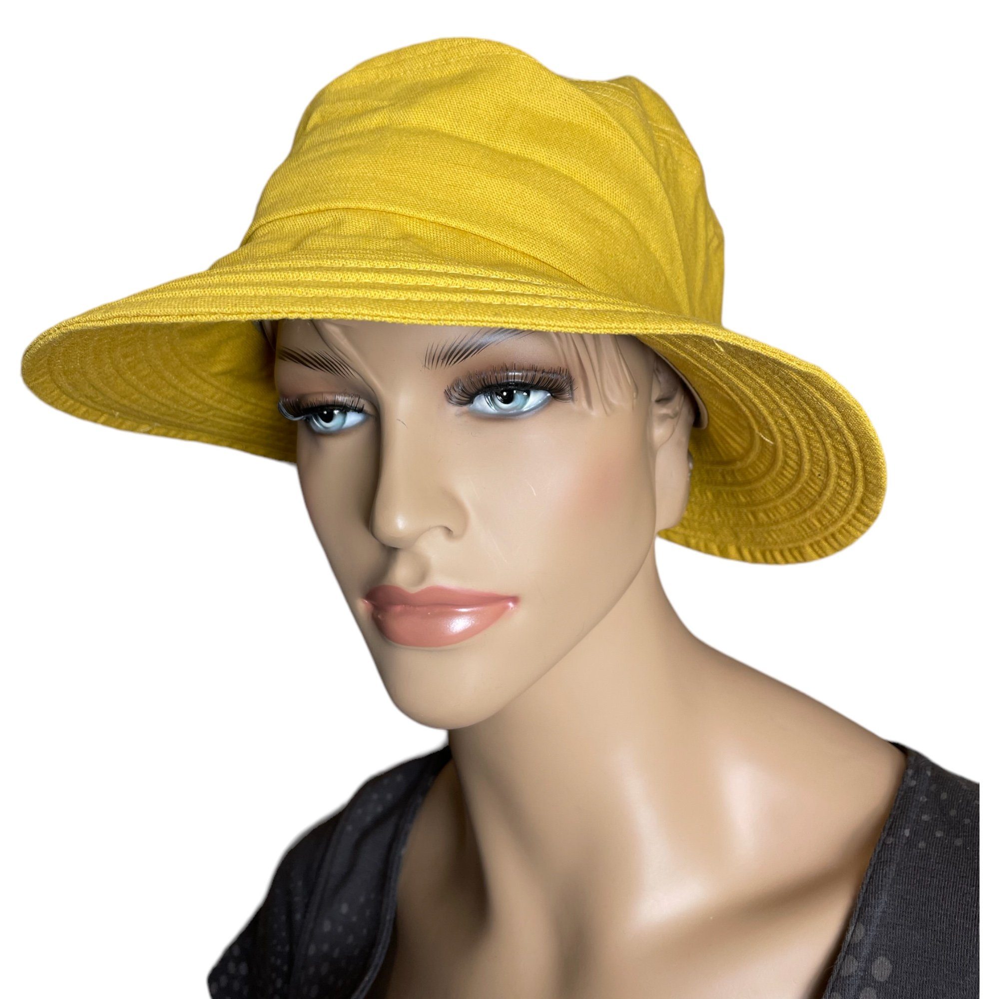 Taschen4life Sonnenhut Modischer Sommer Leinen Hut Bucket Hat, Größenverstellbar, unisex, Fischerhut ockergelb