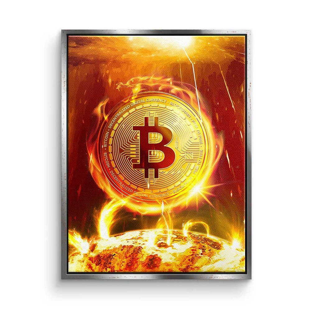 DOTCOMCANVAS® Leinwandbild Bitcoin on Fire, Premium Leinwandbild - Crypto - Bitcoin on Fire - Trading - Motivatio silberner Rahmen