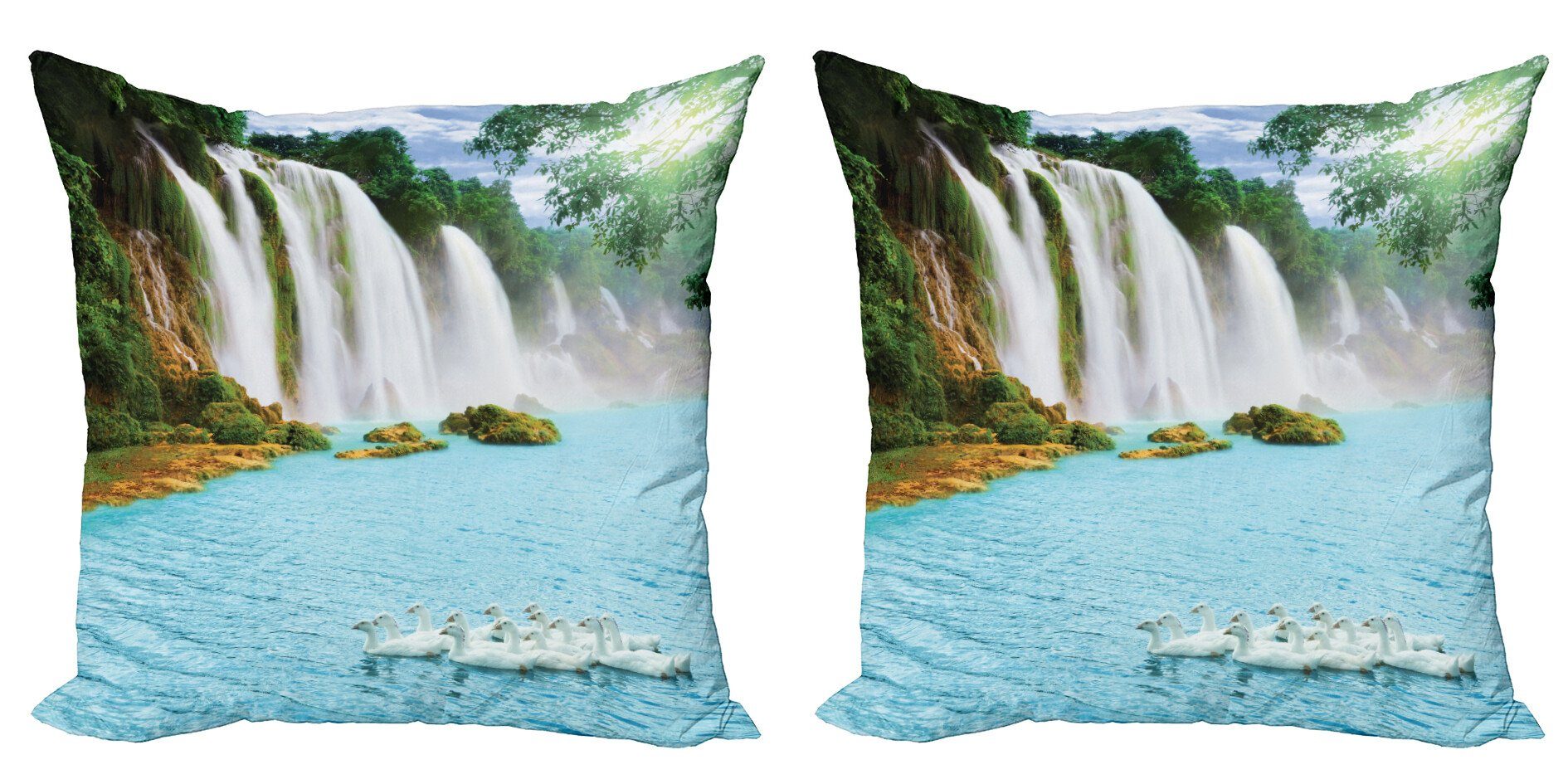 Kissenbezüge Modern Accent Doppelseitiger Digitaldruck, Abakuhaus (2 Stück), Wasserfall See und Schwäne Natur