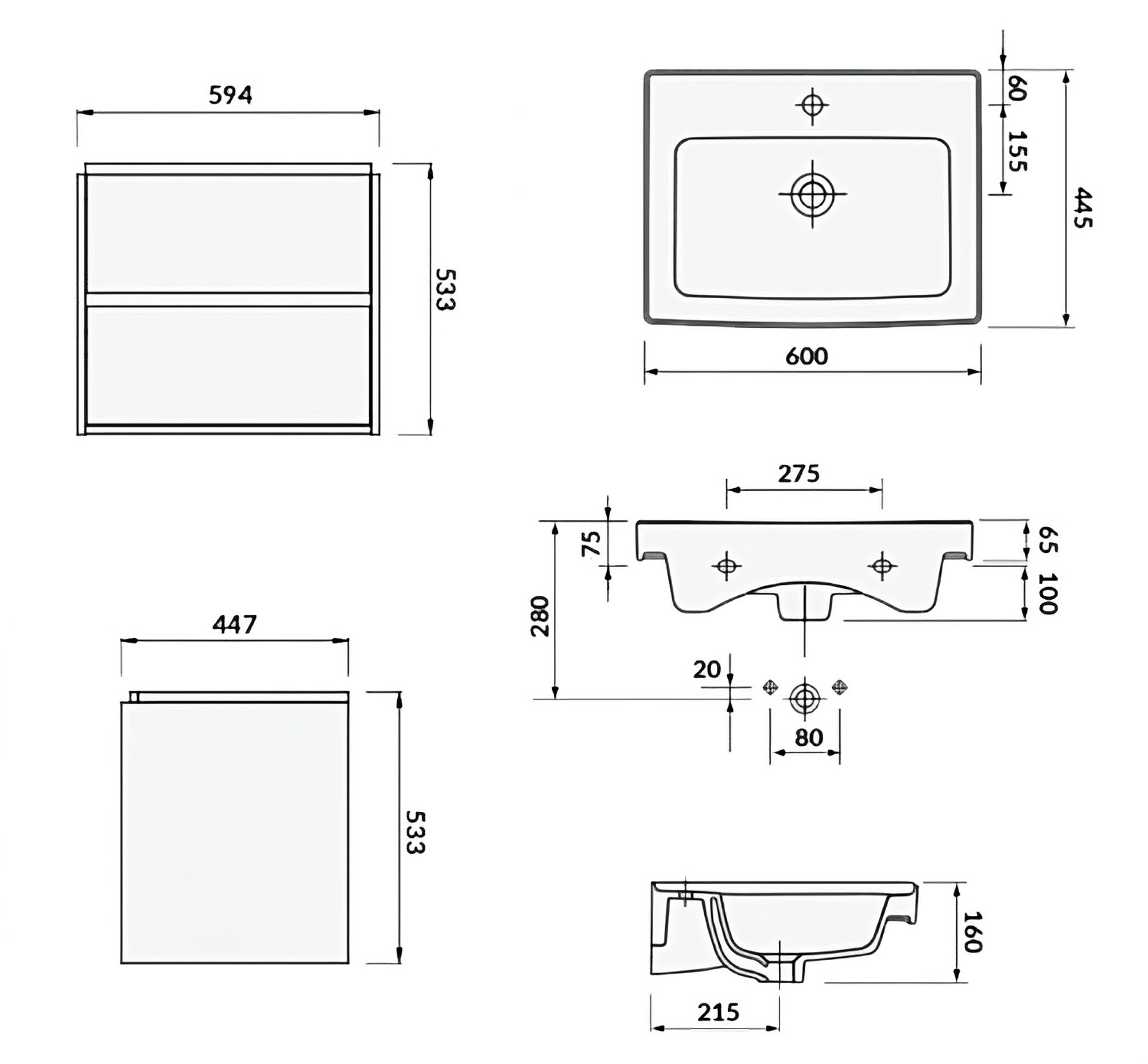 140x40x25, 60 KOLMAN Waschbecken-Unterschrank mit (Grau & CREA Keramikwaschbecken Hochschrank Matt), mit Badmöbel-Set Schubladen