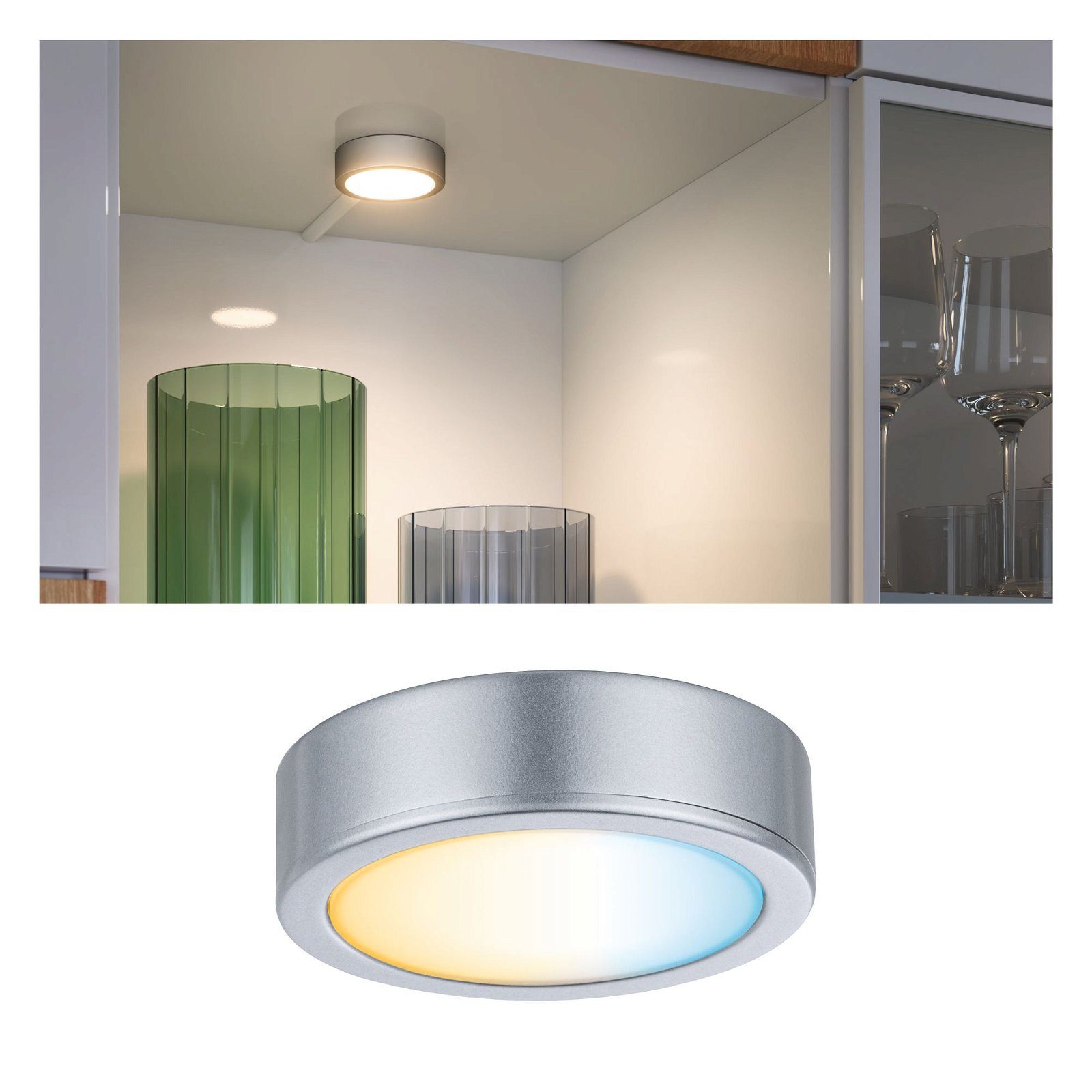 Paulmann Unterschrankleuchte Clever Connect Spot Disc 2,1W 2700-6500K 12V Chrom matt/Kunststoff, LED fest integriert, Tageslichtweiß, tunable White