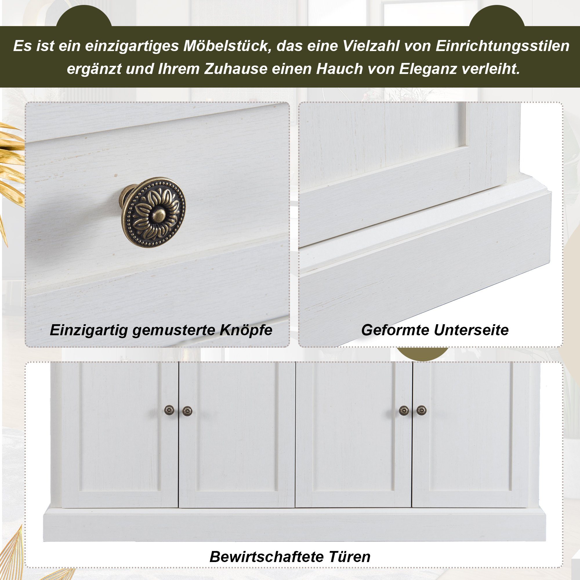 Merax Sideboard im rustikalen Landhausstil mit 2 Schubladen und 4 Türen, Kommode mit viel Stauraum und Metallgriffe,Anrichte,Breite 150cm – Bild 4 von 5