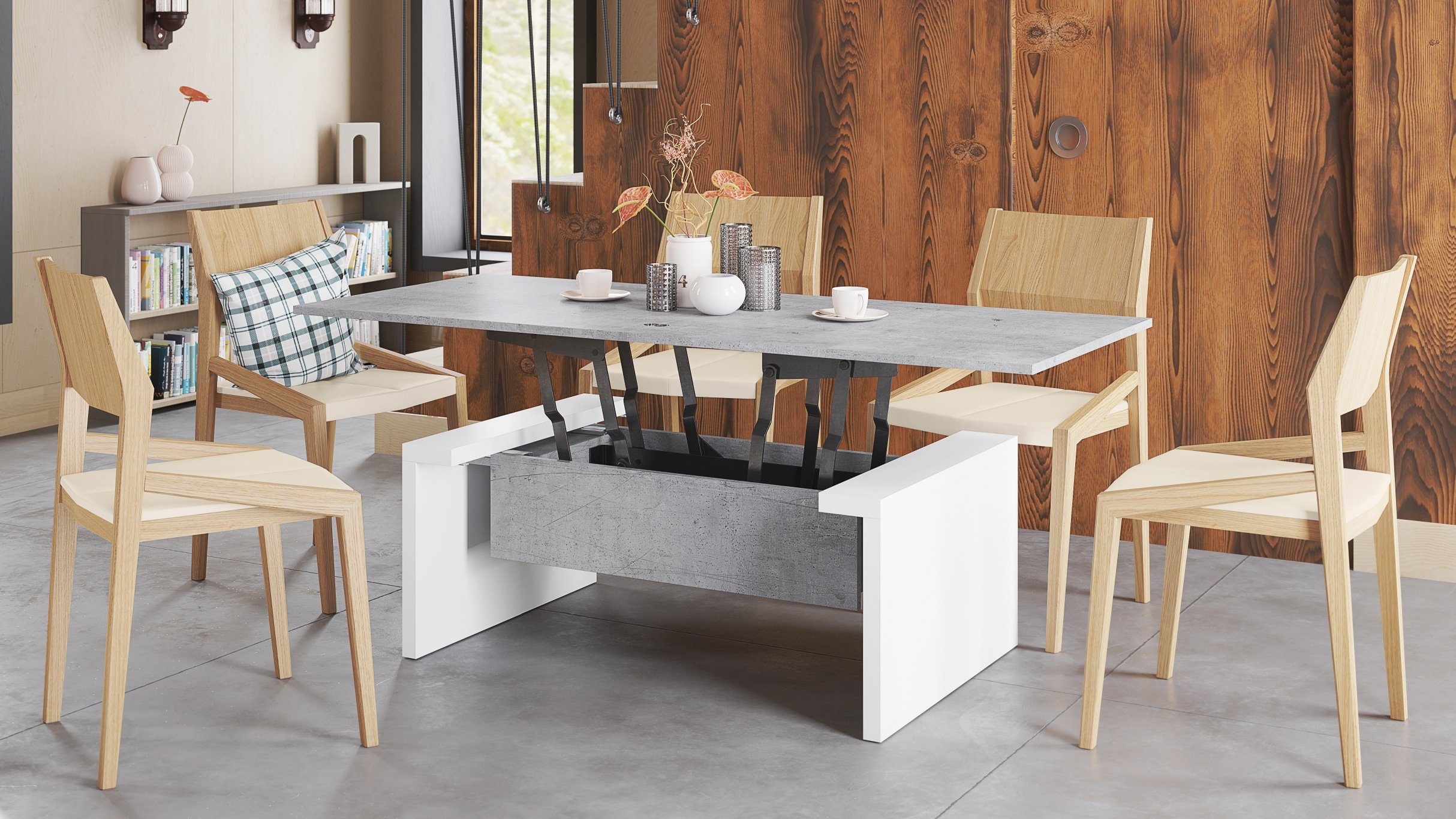 designimpex Couchtisch Space Beton - 170 70 / Weiß aufklappbar / Beton / matt 45 höhenverstellbar matt 110 Weiß