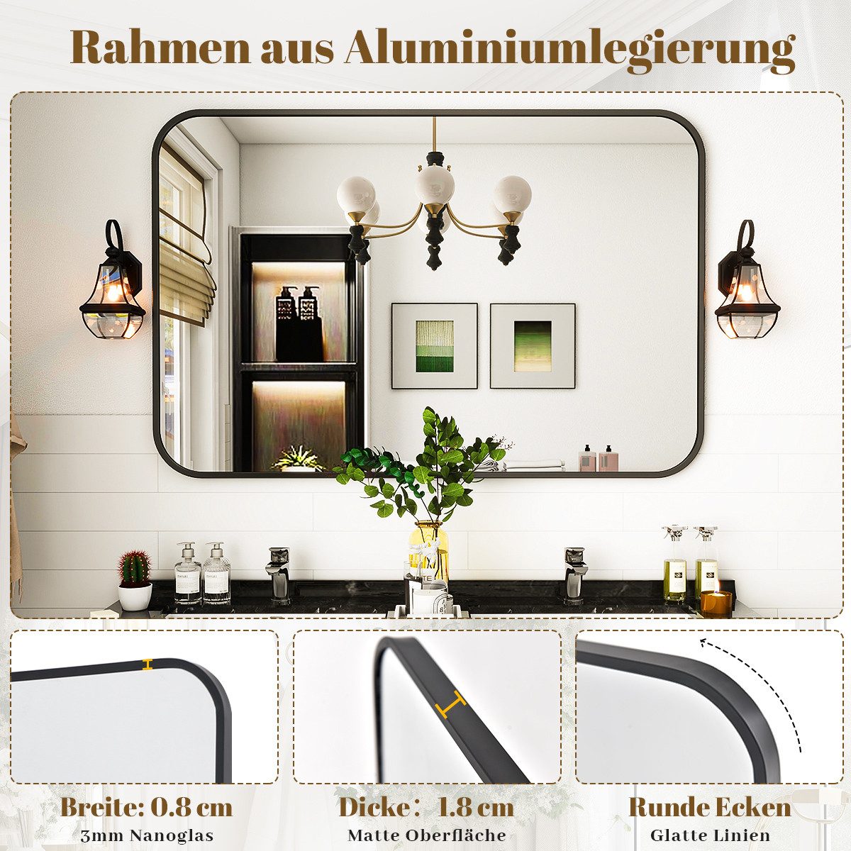 BEAUTYPEAK Wandspiegel boog zwart 76x51 cm onbreekbaar aluminium frame leunbaar of wandmontage slaapkamer badkamer