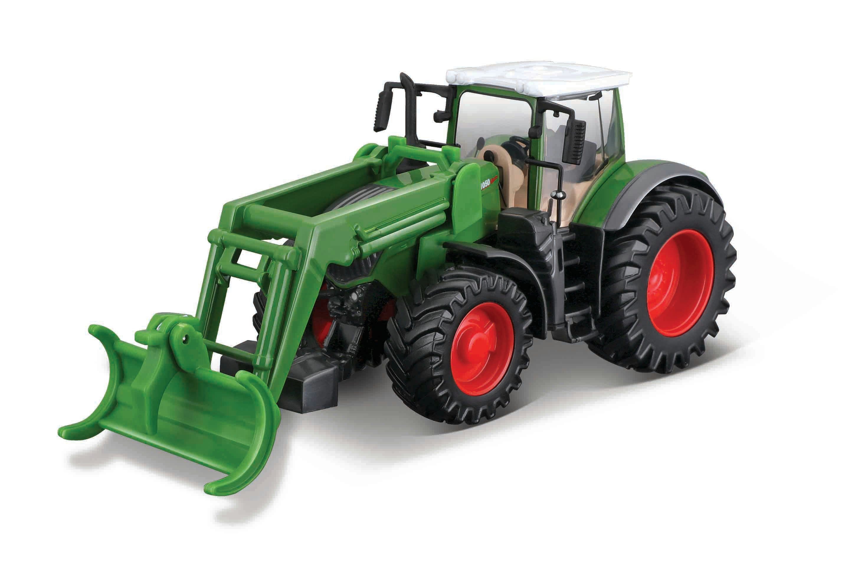 Bburago Spielzeug-Auto Traktor - Fendt 1050 Vario mit Holzgreifer (10cm), mit Schwungradantrieb