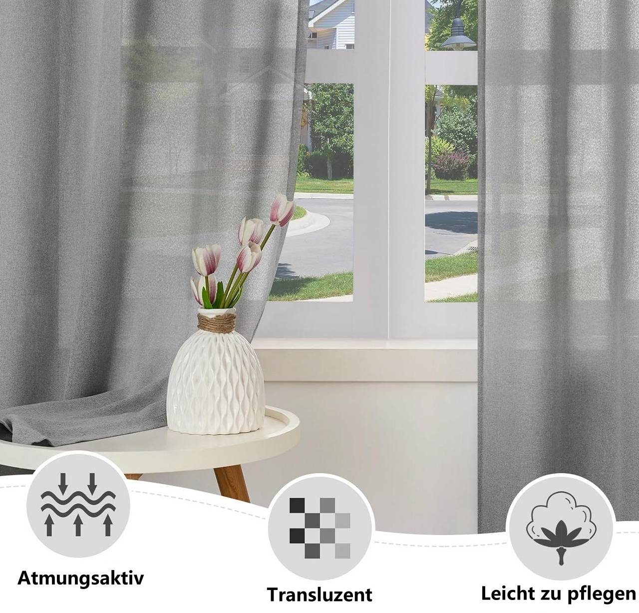 Woltu Gardine (2 St), Ösen, halbtransparent, Vorhänge Leinenoptik