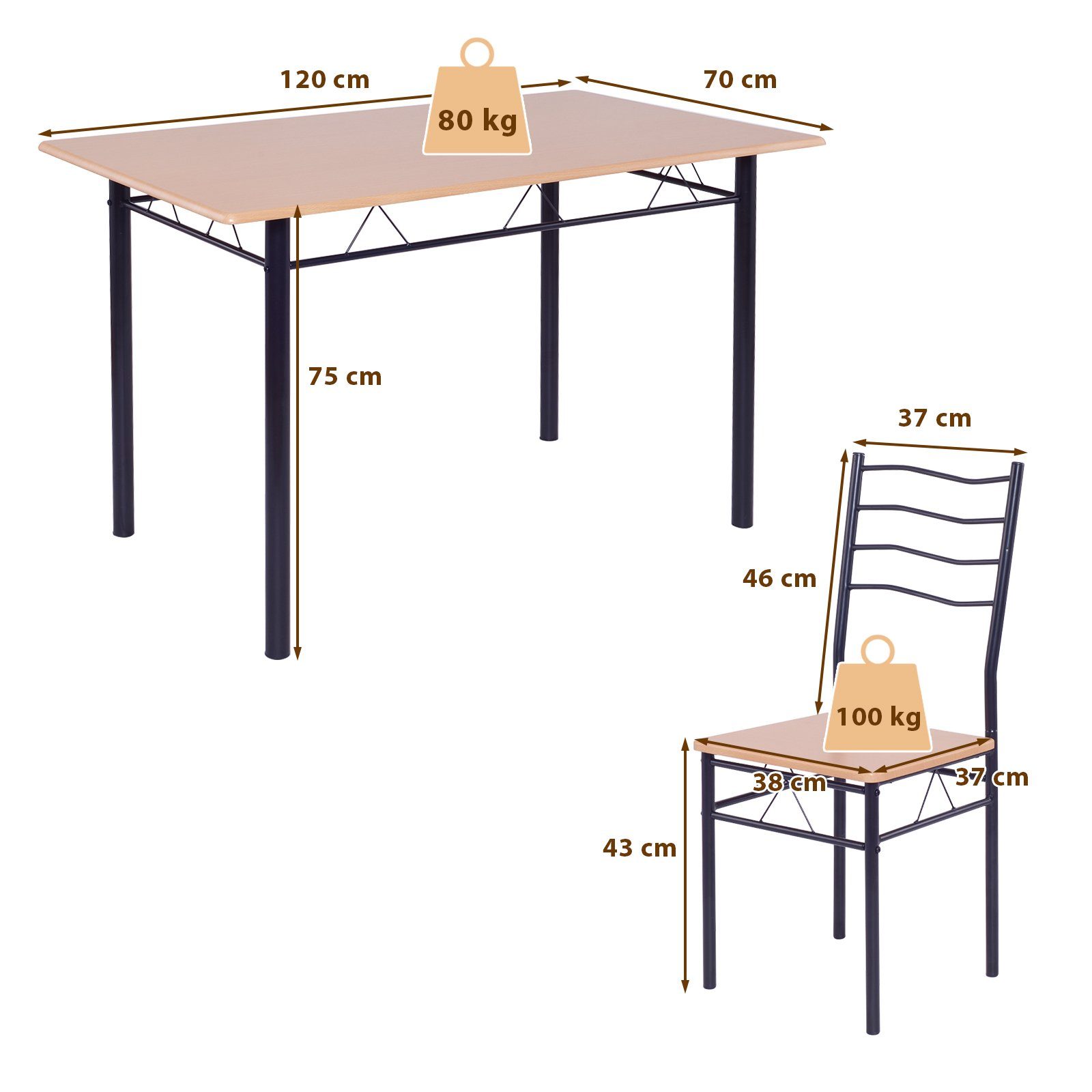 Esstisch (5-St), Küchentisch Stühlen, COSTWAY 4 hoher mit schwarz mit Rückenlehne