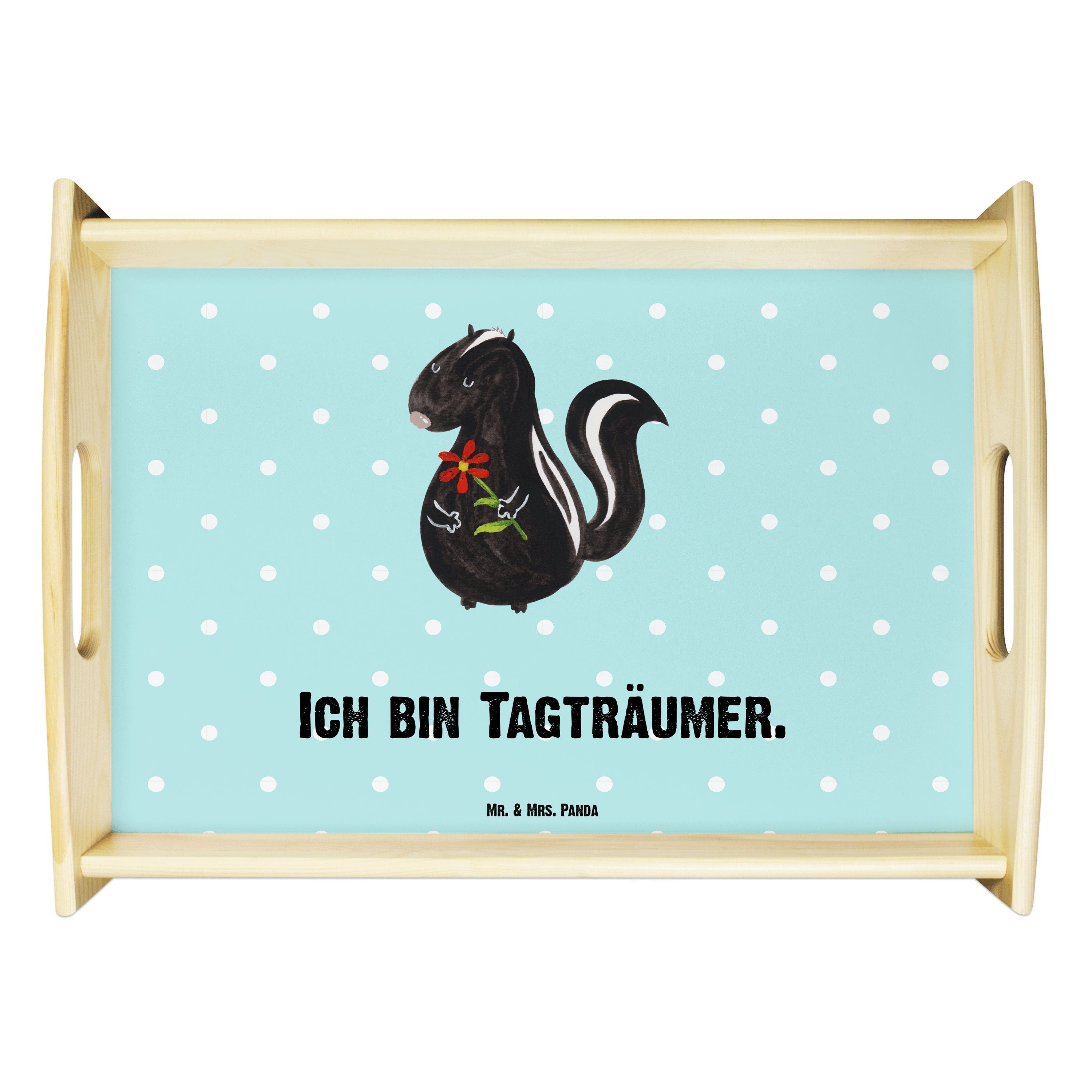 Mr. & Mrs. Panda Tablett Stinktier Blume - Türkis Pastell - Geschenk, Träume, Dekotablett, Tab, Echtholz lasiert, (1-tlg)