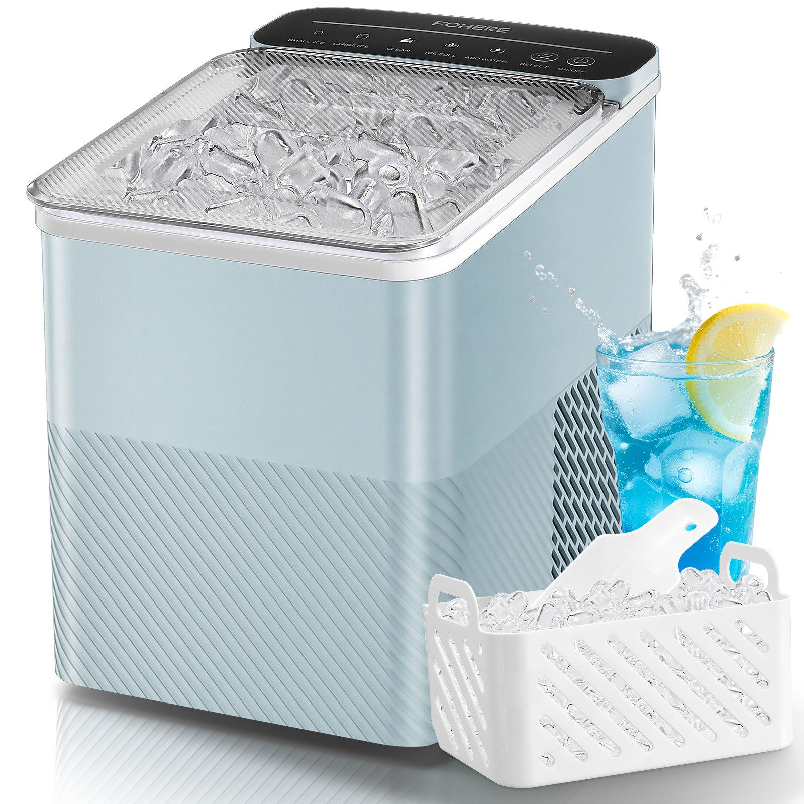 FOHERE Kühlbox Eiswürfelmaschine Klein, 14Kg/24h, 9 Eiswürfel/5Min, selbstreinigend, mit Schaufel/Korb, 2 Größen, Zuhause/Büro/Bar/RV