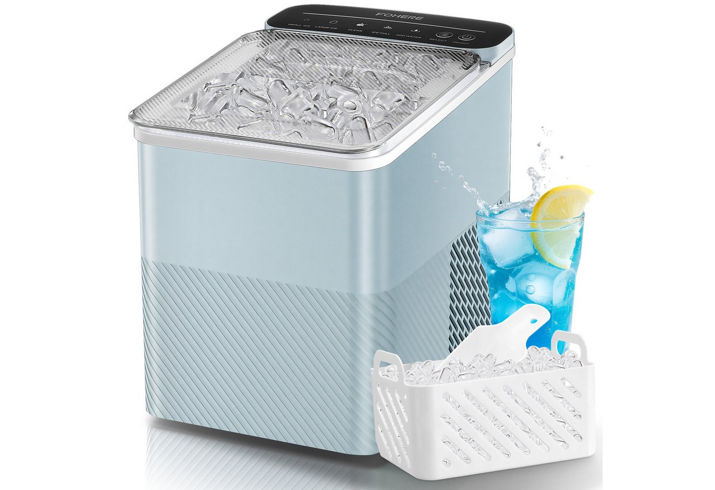 FOHERE Kühlbox Eiswürfelmaschine Klein, 14Kg/24h, 9 Eiswürfel/5Min, selbstreinigend, mit Schaufel/Korb, 2 Größen, Zuhause/Büro/Bar/RV