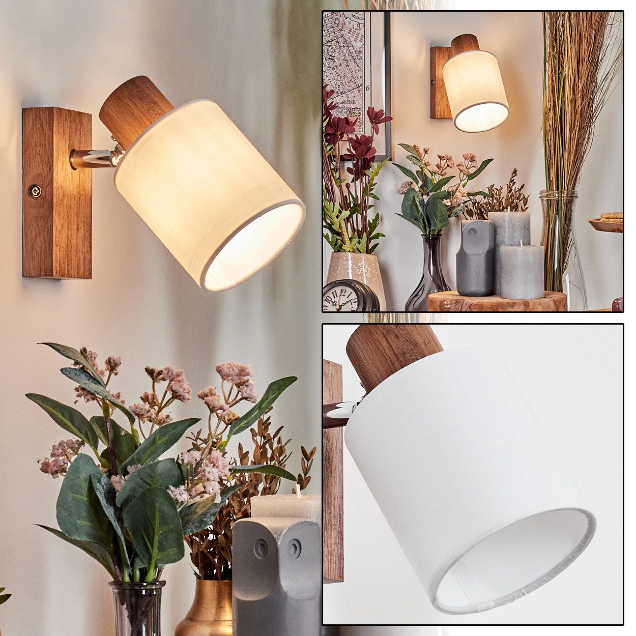 hofstein Wandleuchte Wandlampe aus Holz/Metall/Stoff in Natur-/Chromfarben/Weiß, ohne Leuchtmittel, verstellbare Wandleuchte im modernen Boho-Design (Schirm 9 cm), E14