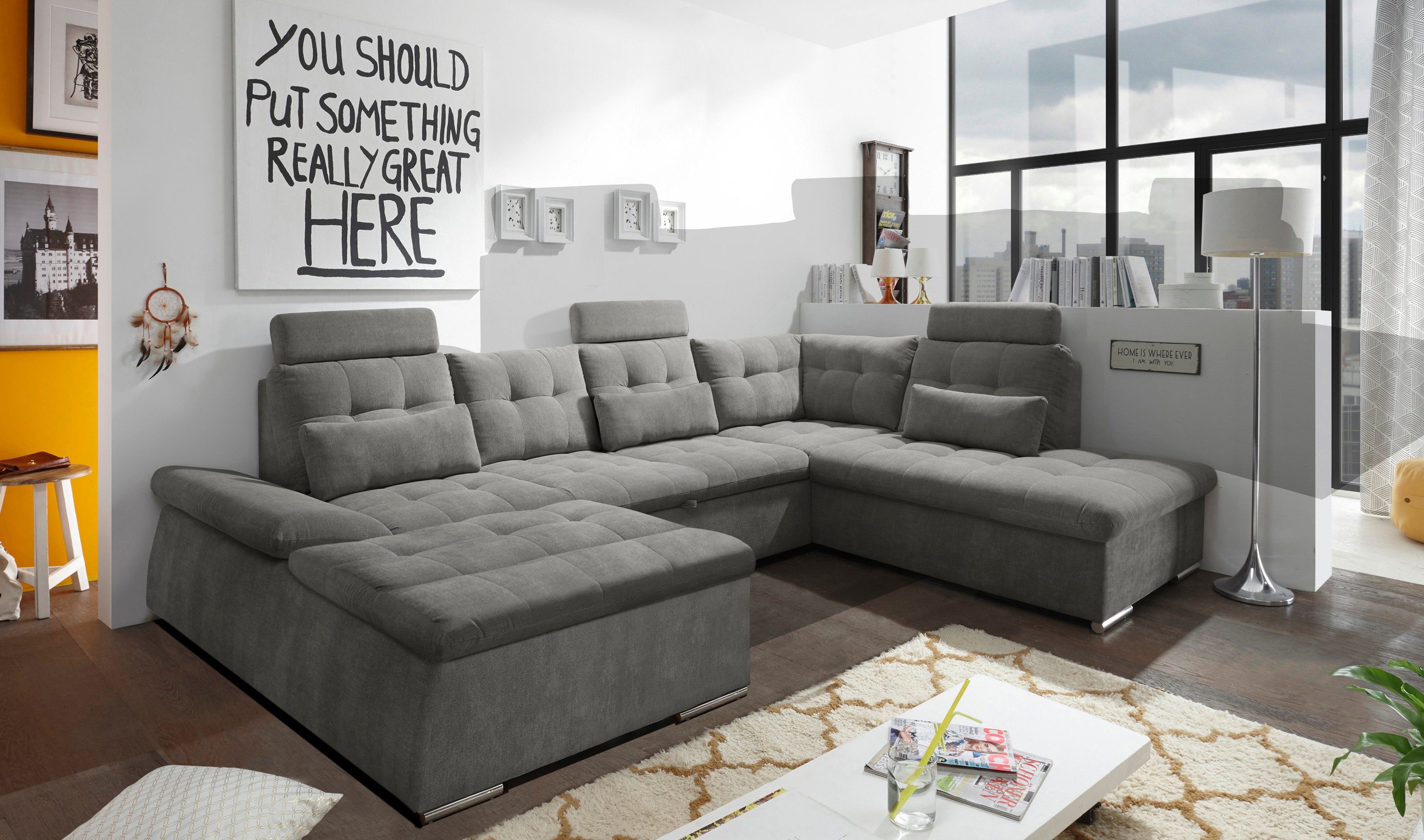 ED EXCITING DESIGN Wohnlandschaft Nalo U-Form mit Bettfunktion, Bettkasten, Armteilverstellung, Kopfstützen & 3 Nierenkissen