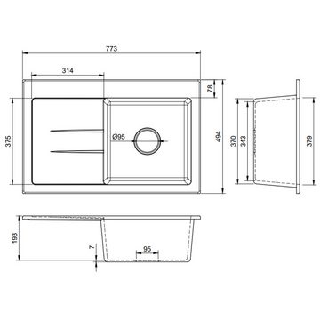 QLS Küchenspüle Luxor 1.0 Links, Granit-Spülbecken, Einzelbecken Spülwaschbecken Einbauspüle 77,5x49,5cm Abtropffläche