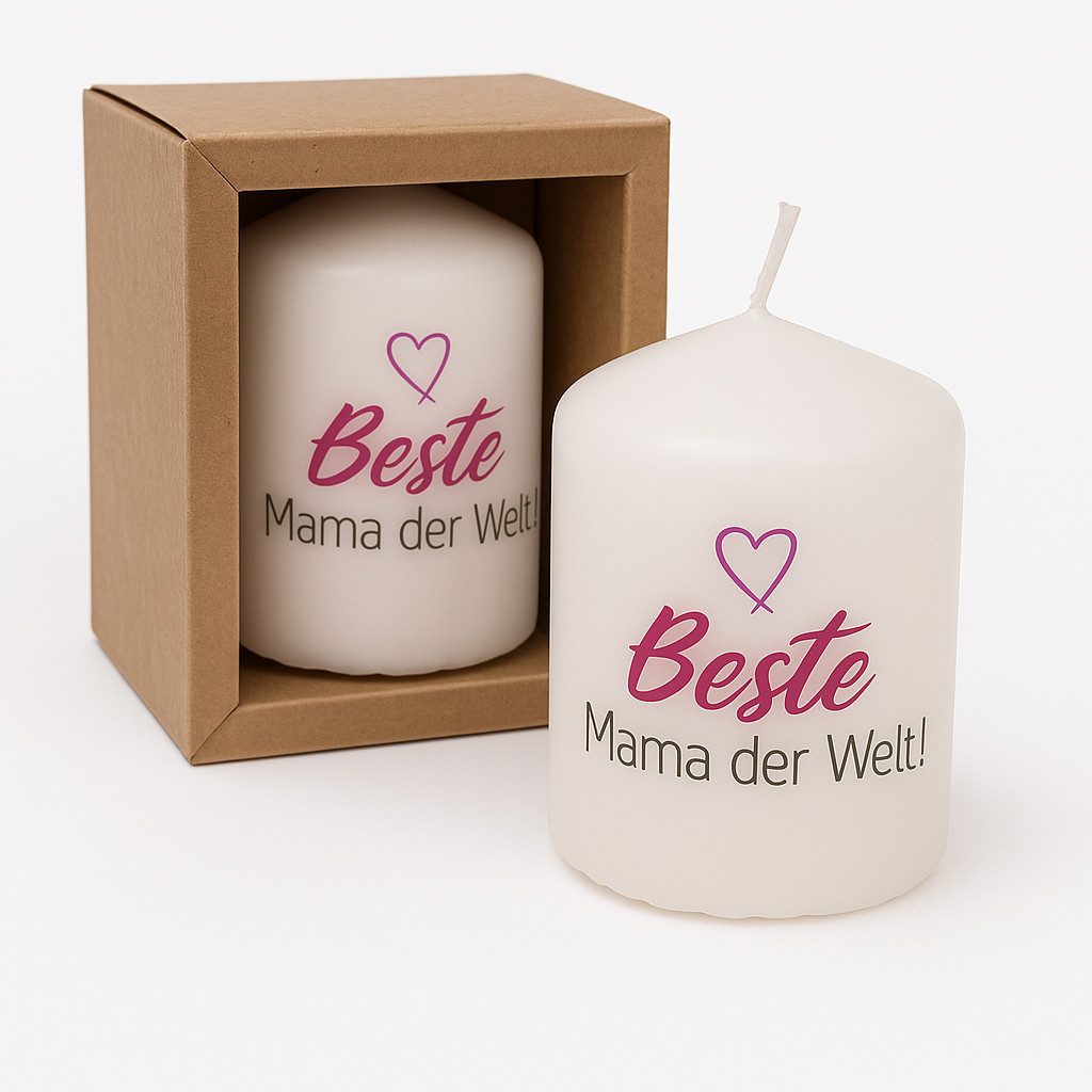 what the shop Stumpenkerze Beste Mama der Welt 6x8 cm Geschenk Muttertag Kerze Weiß (1-tlg), Liebevolle Kerze für die beste Mama