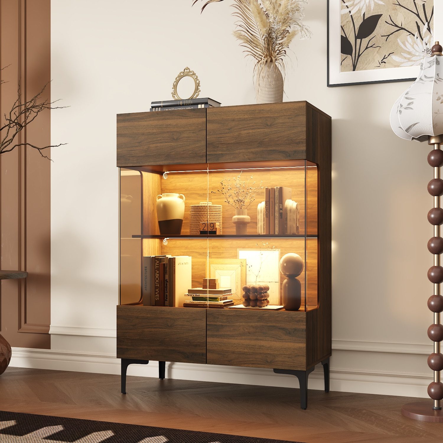 FUFU&GAGA Glasvitrine 115cm hoch, Vitrinenschrank mit LED und Glastüren