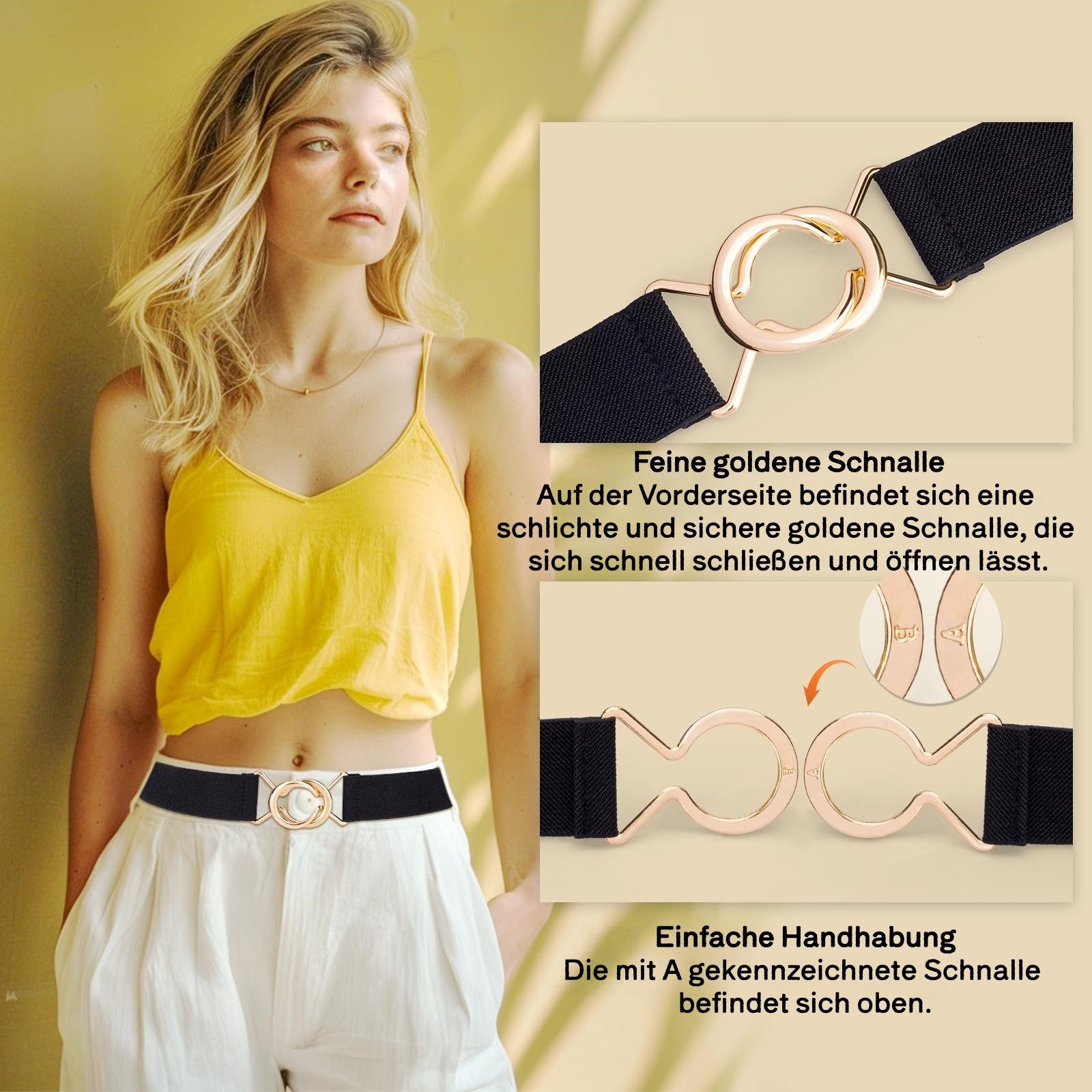 Zaewry Hüftgürtel Mode Dehnbarer Gürtel Stretch Taille Gürtel mit Goldener Schnalle Skinny Elastischer Taillengürtel Dünner Damen Vintage Gürtel – Bild 5 von 5