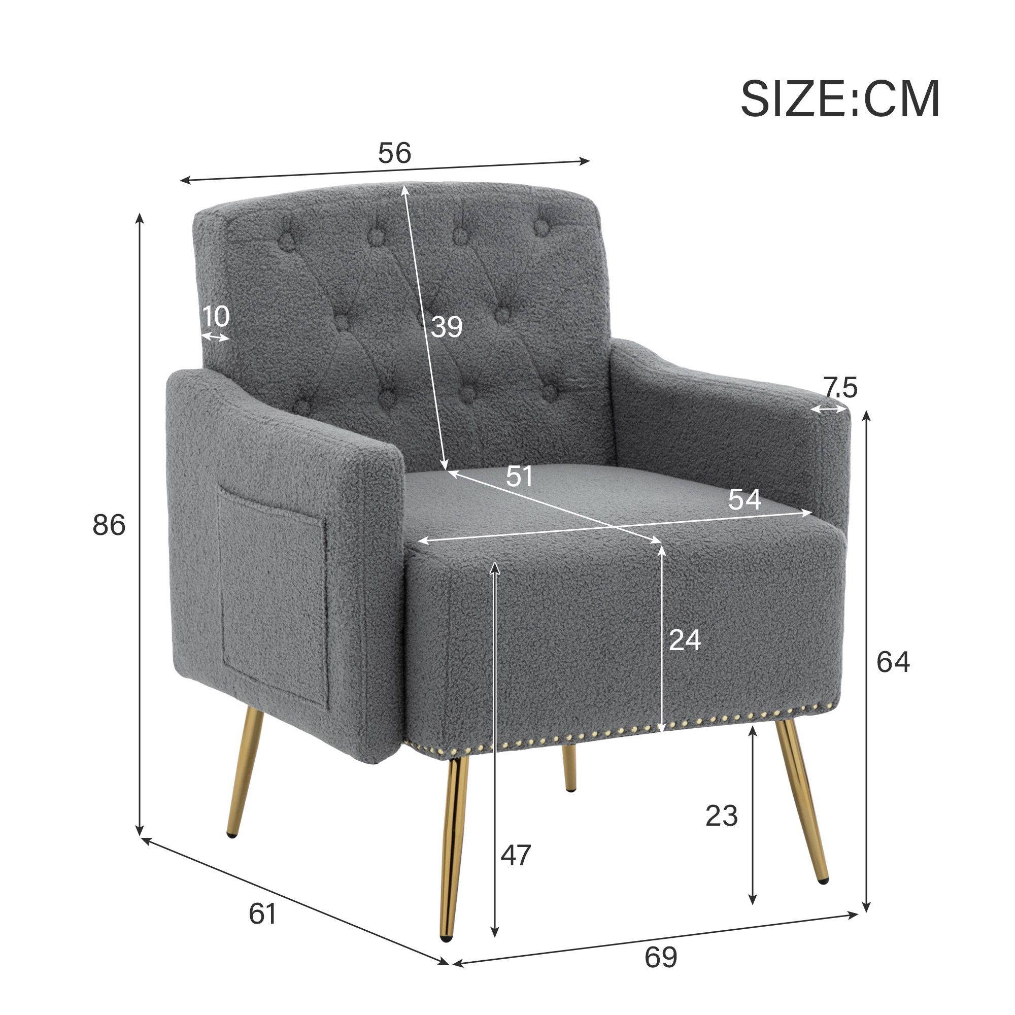 69*61*86 | Freizeitsessel Reißverschluss-Design, mit (1-St), Grau cm Metallbeine Teddy Grau Ulife Sessel goldene
